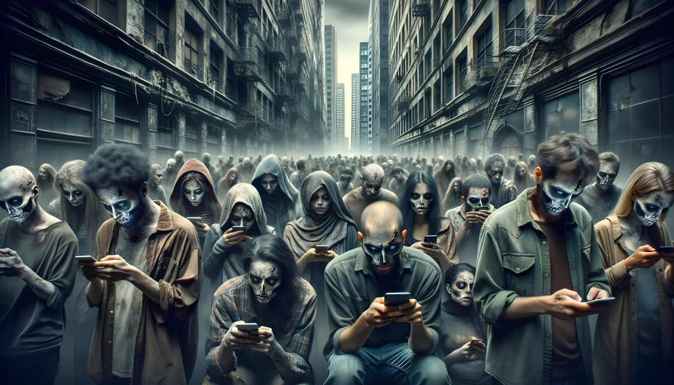 Eerie Figures in Urban Landscape with Skull Designs