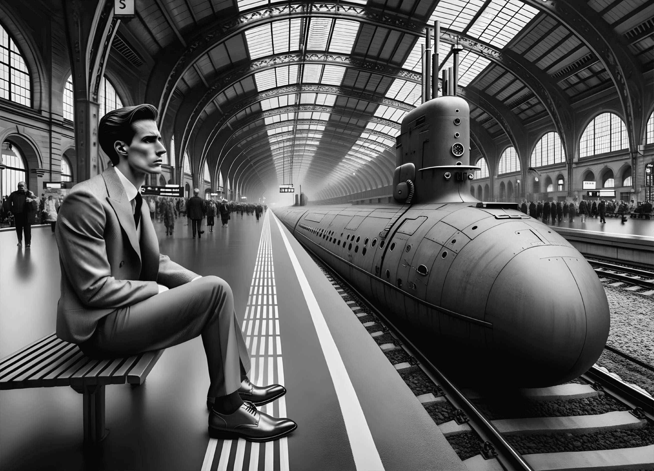 Man in stylish attire at ornate train station with surprising submarine on tracks