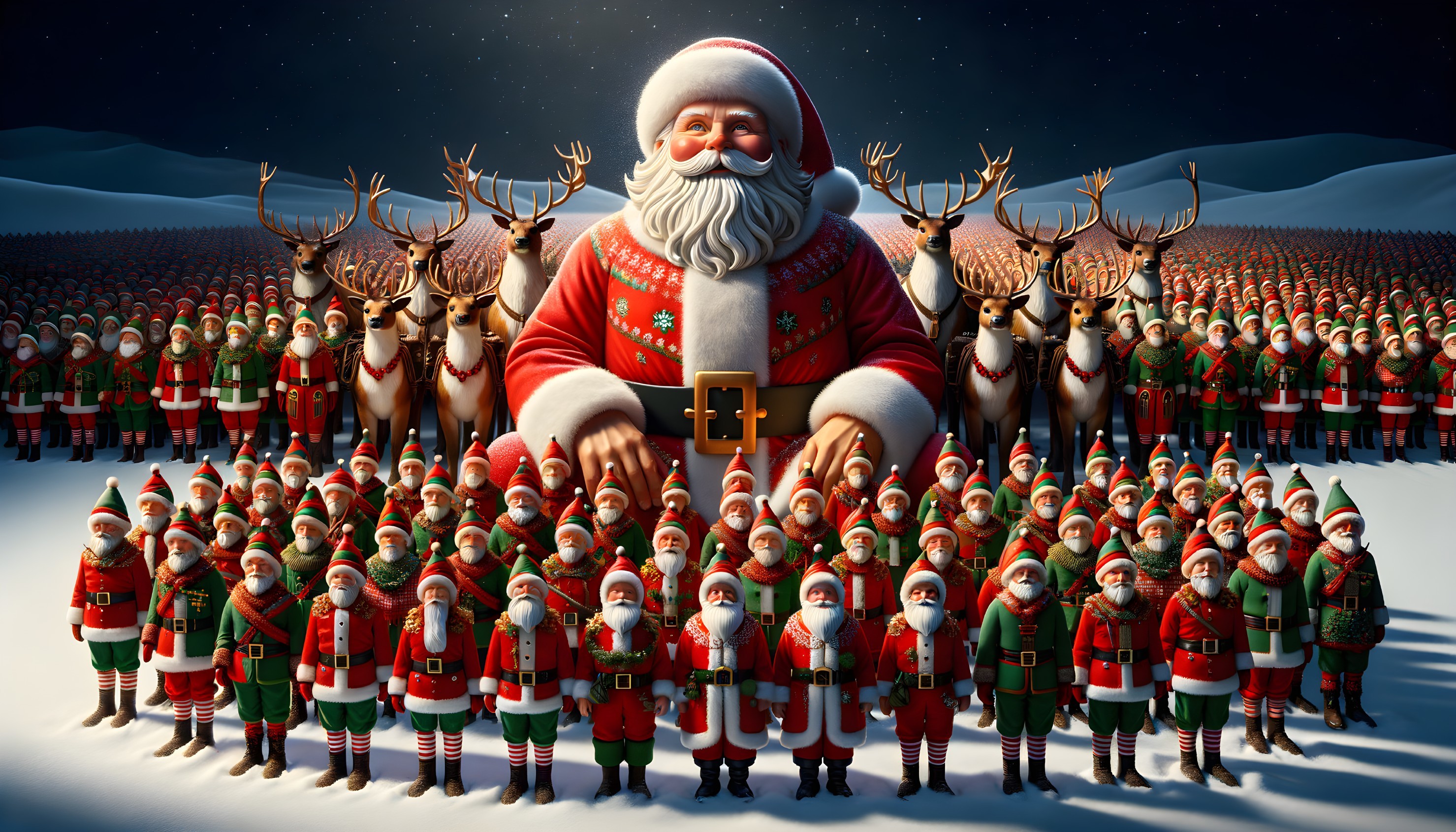 Santa Claus in sleigh with reindeer and elves on snowy night