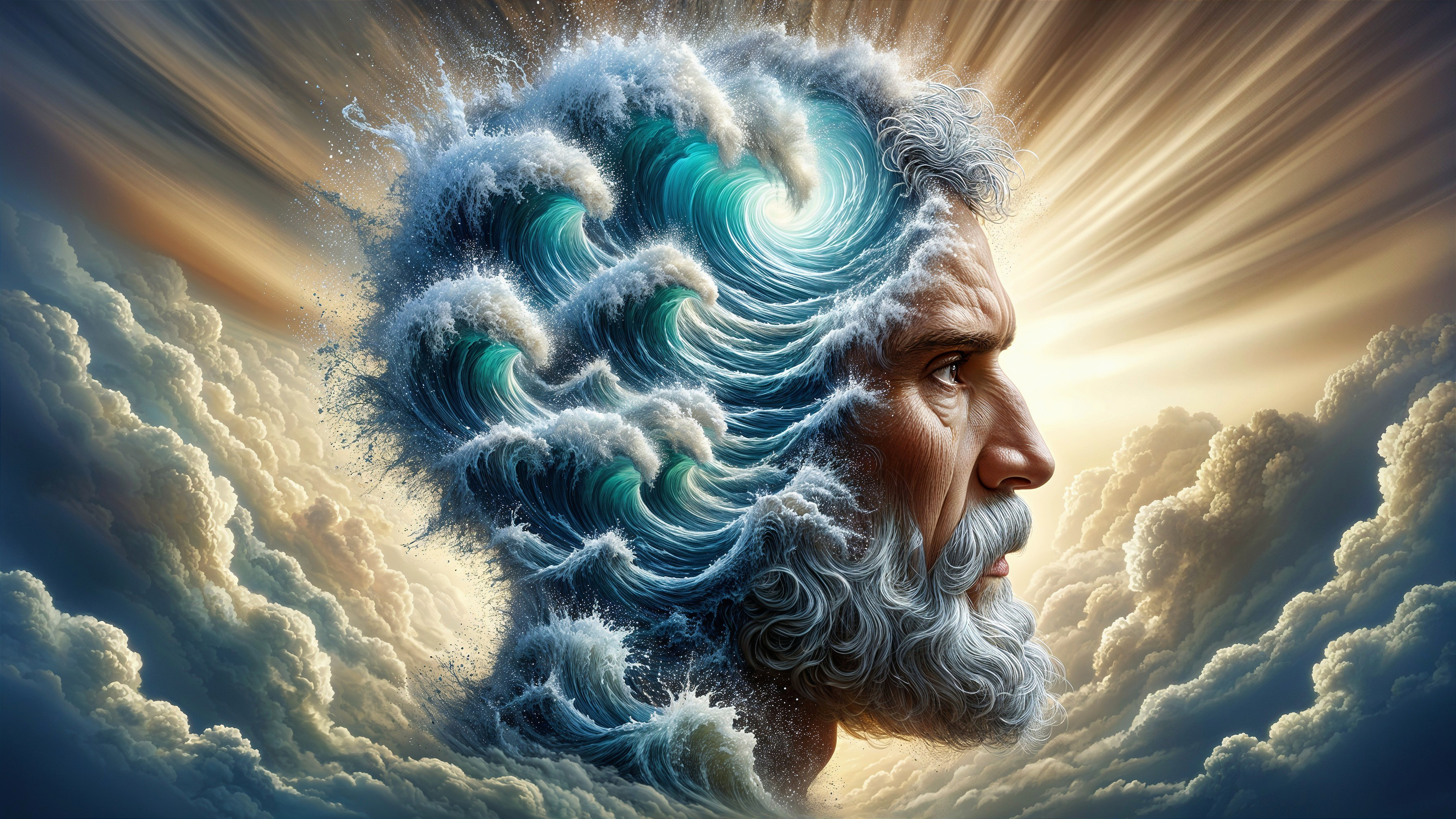 Majestic figure with gray hair and ocean waves