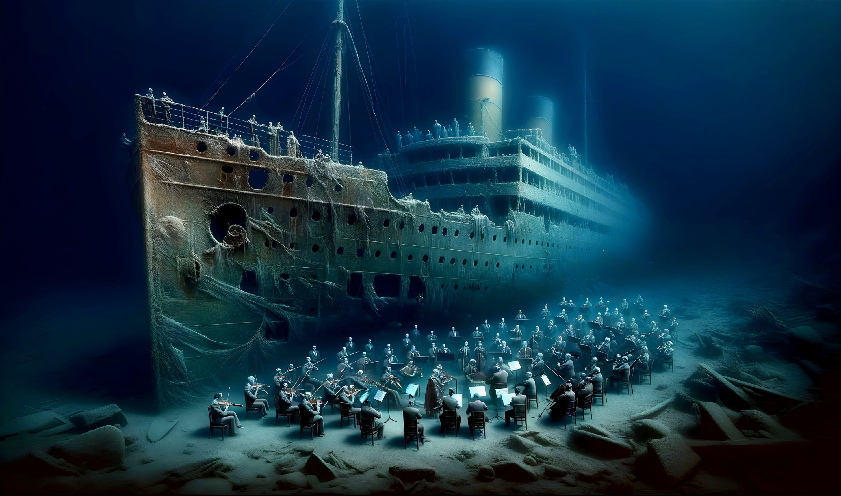 Sunken Titanic in Ethereal Underwater Scene