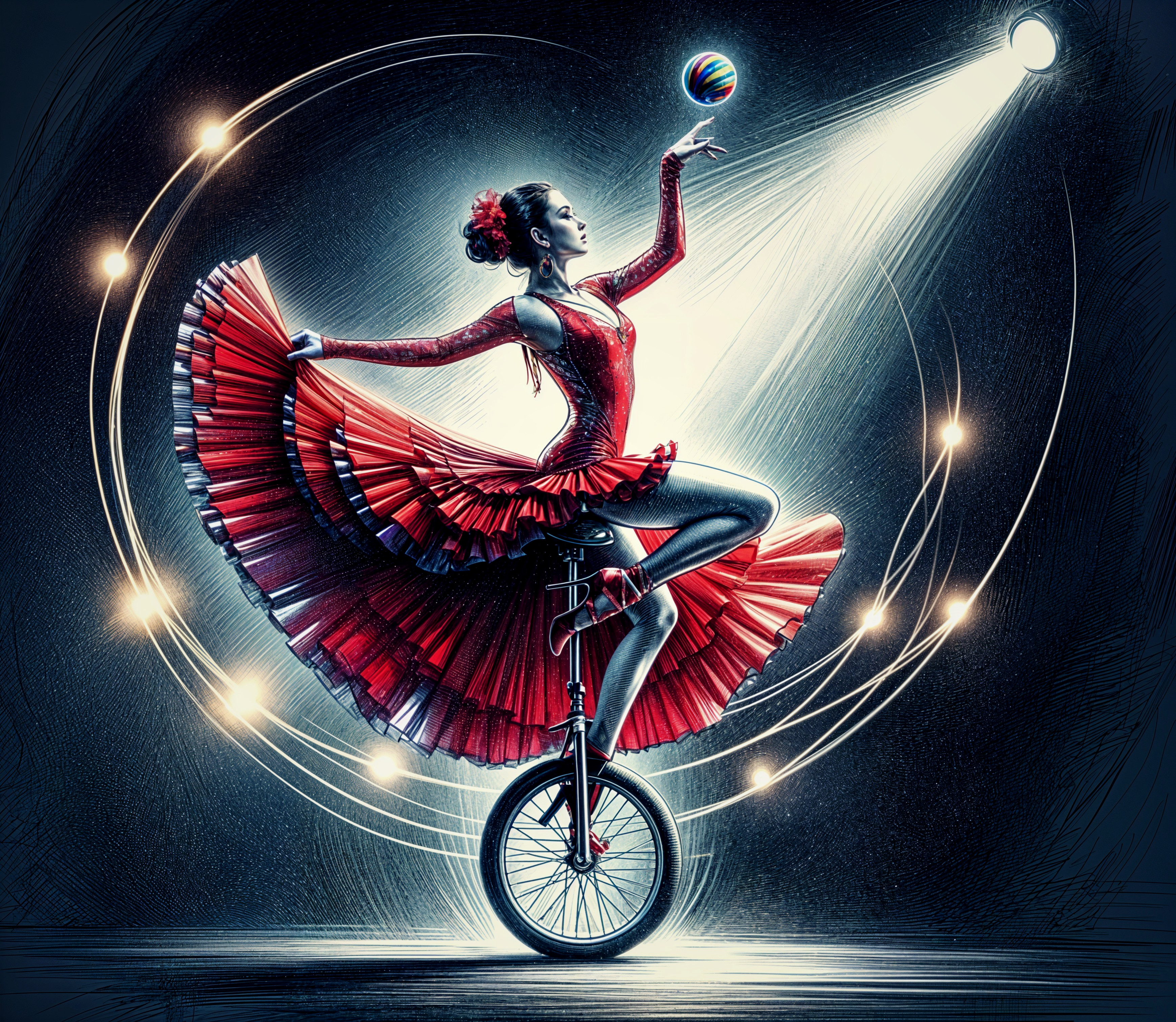 Unicycle Performer in Vibrant Red Dress Juggling Ball
