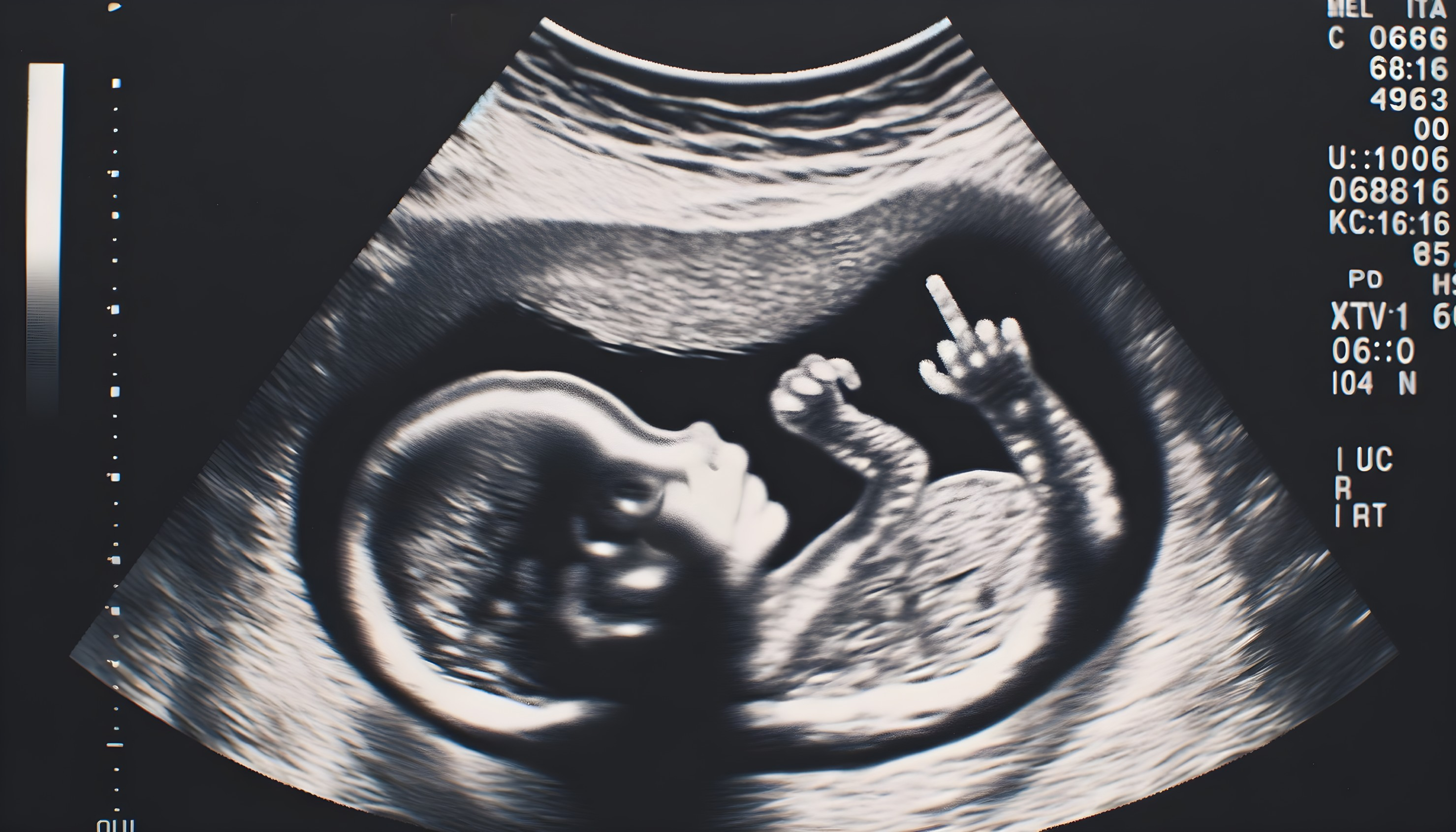 Black-and-white ultrasound of a relaxed fetus profile
