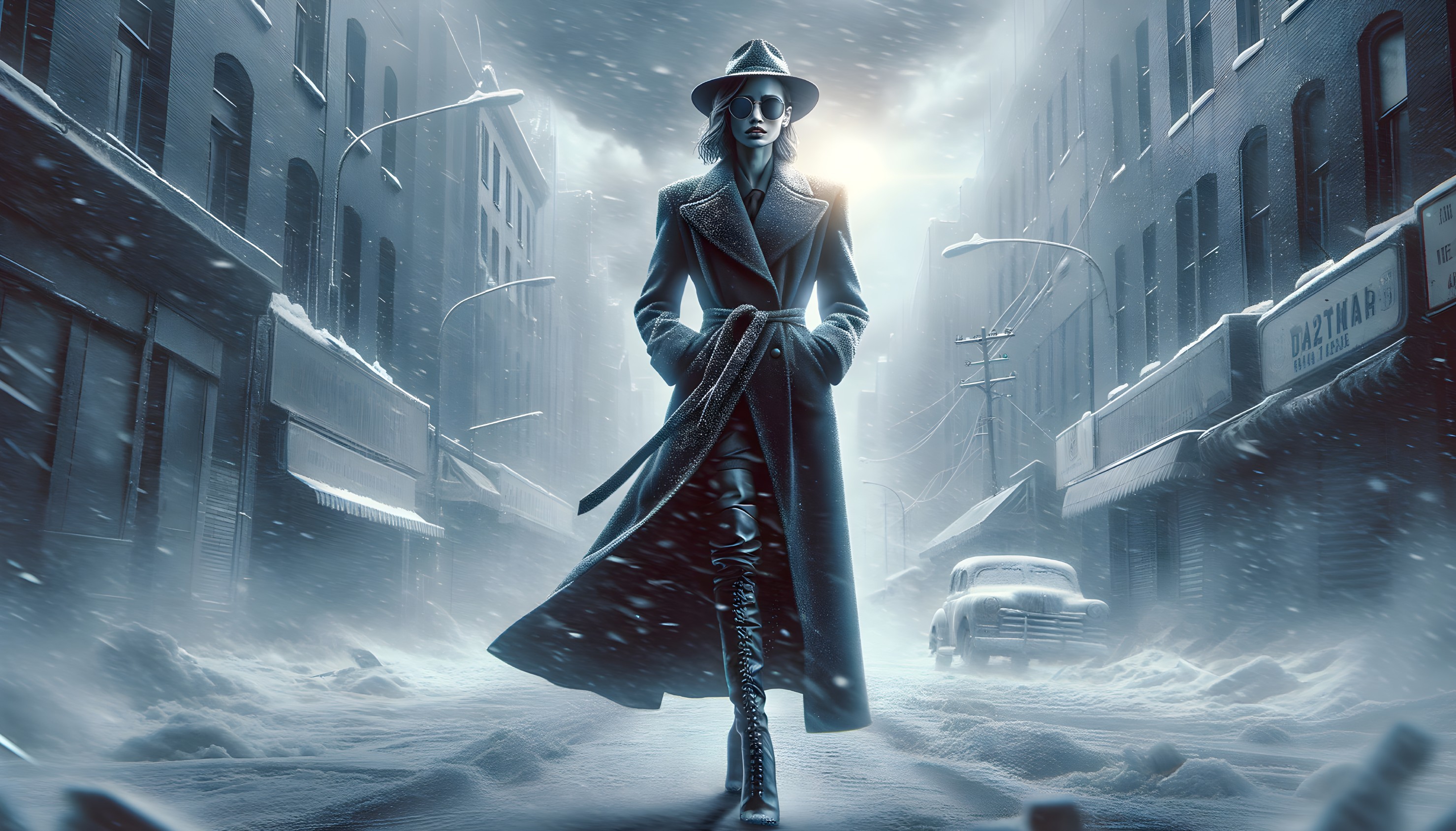 Stylized illustration of person in trench coat and hat in snowy city street