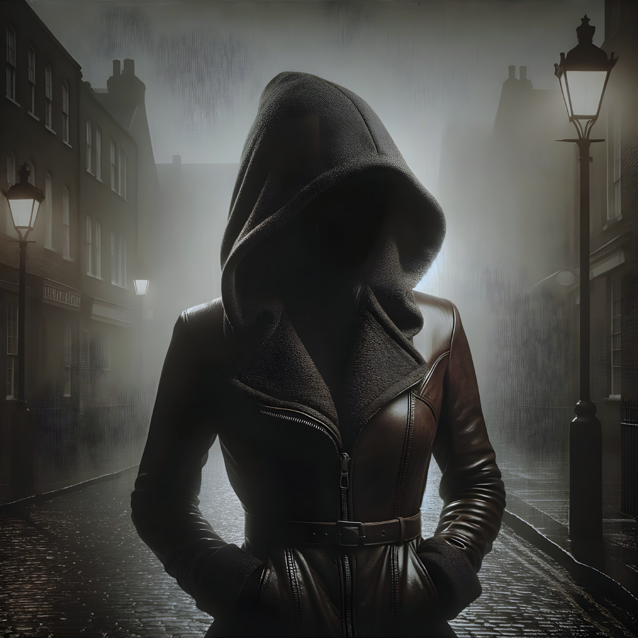 Mysterious Figure in Foggy, Dimly Lit Street Scene