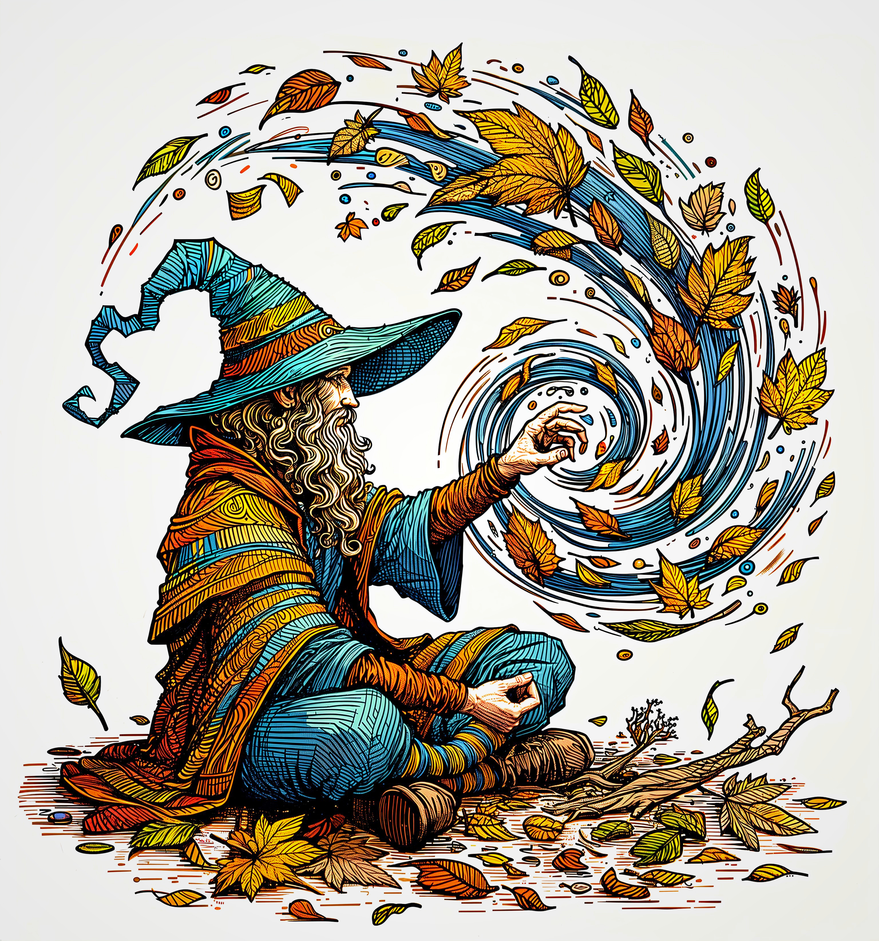 Elderly wizard casting a spell among autumn leaves