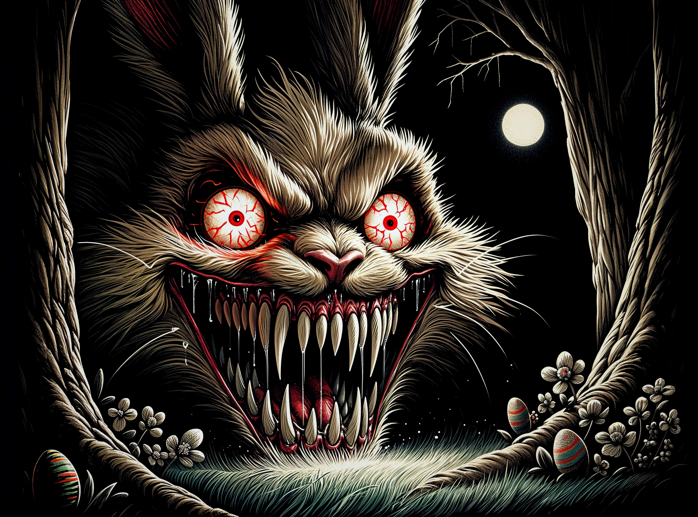 Sinister Rabbit in Dark Forest with Colorful Eggs