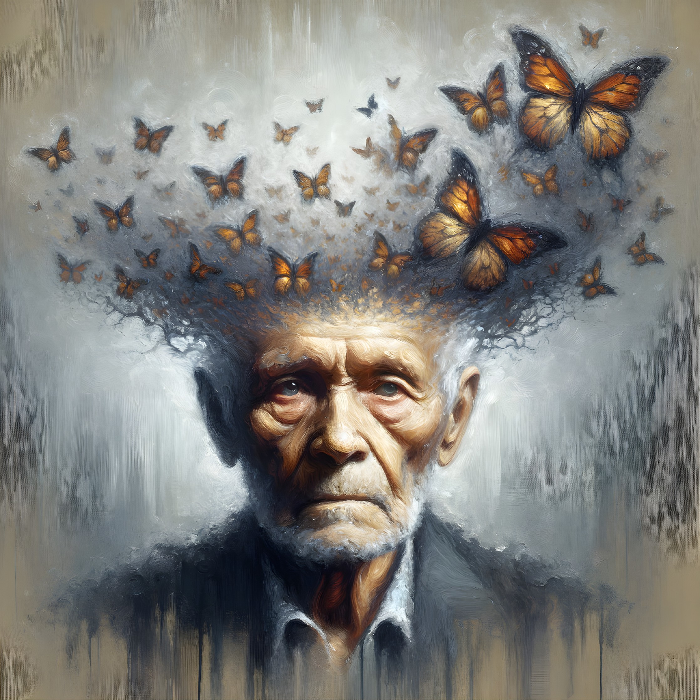 Elderly Man with Butterflies in Surreal Artwork