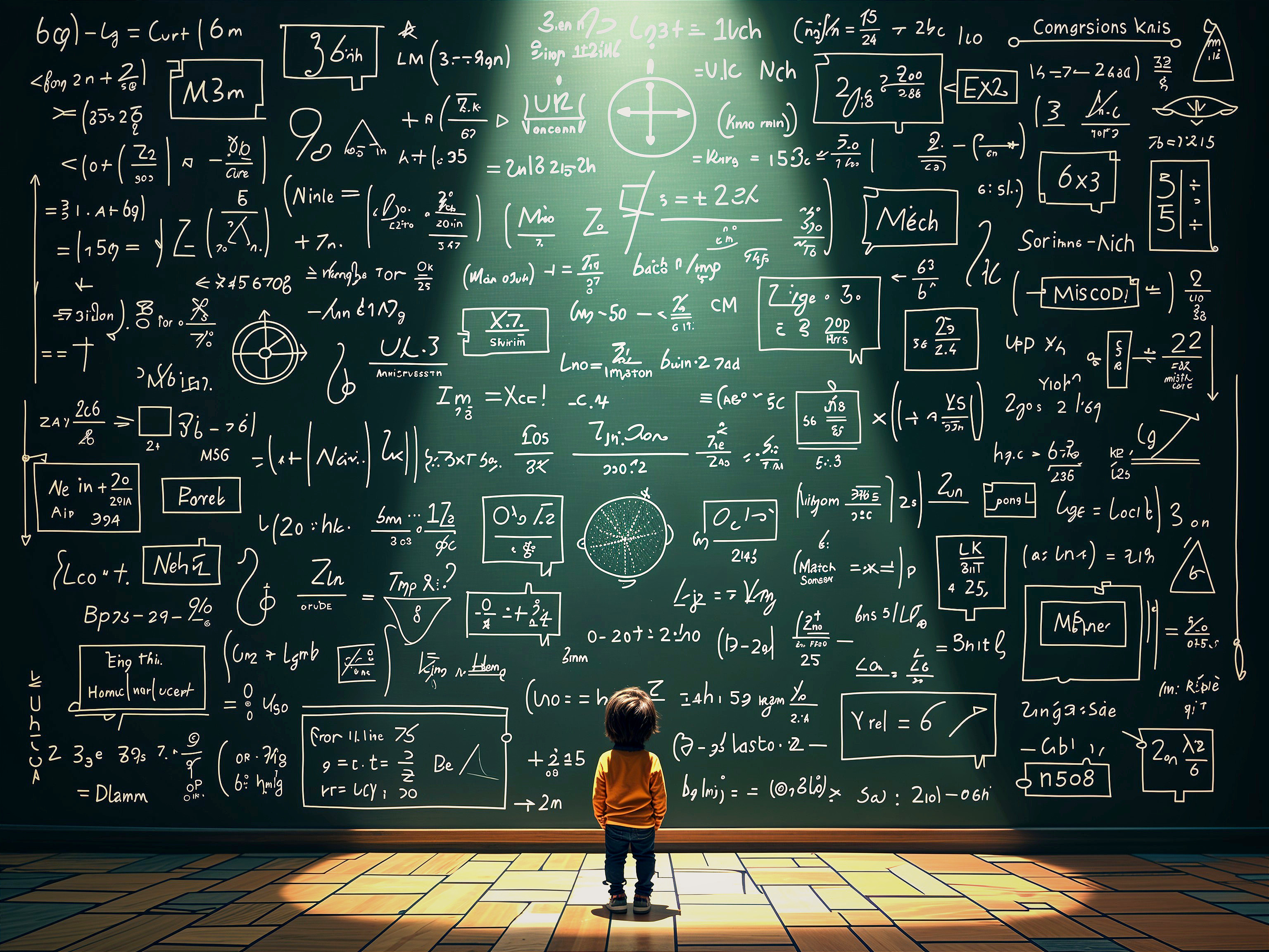 Child in front of illuminated blackboard of math equations