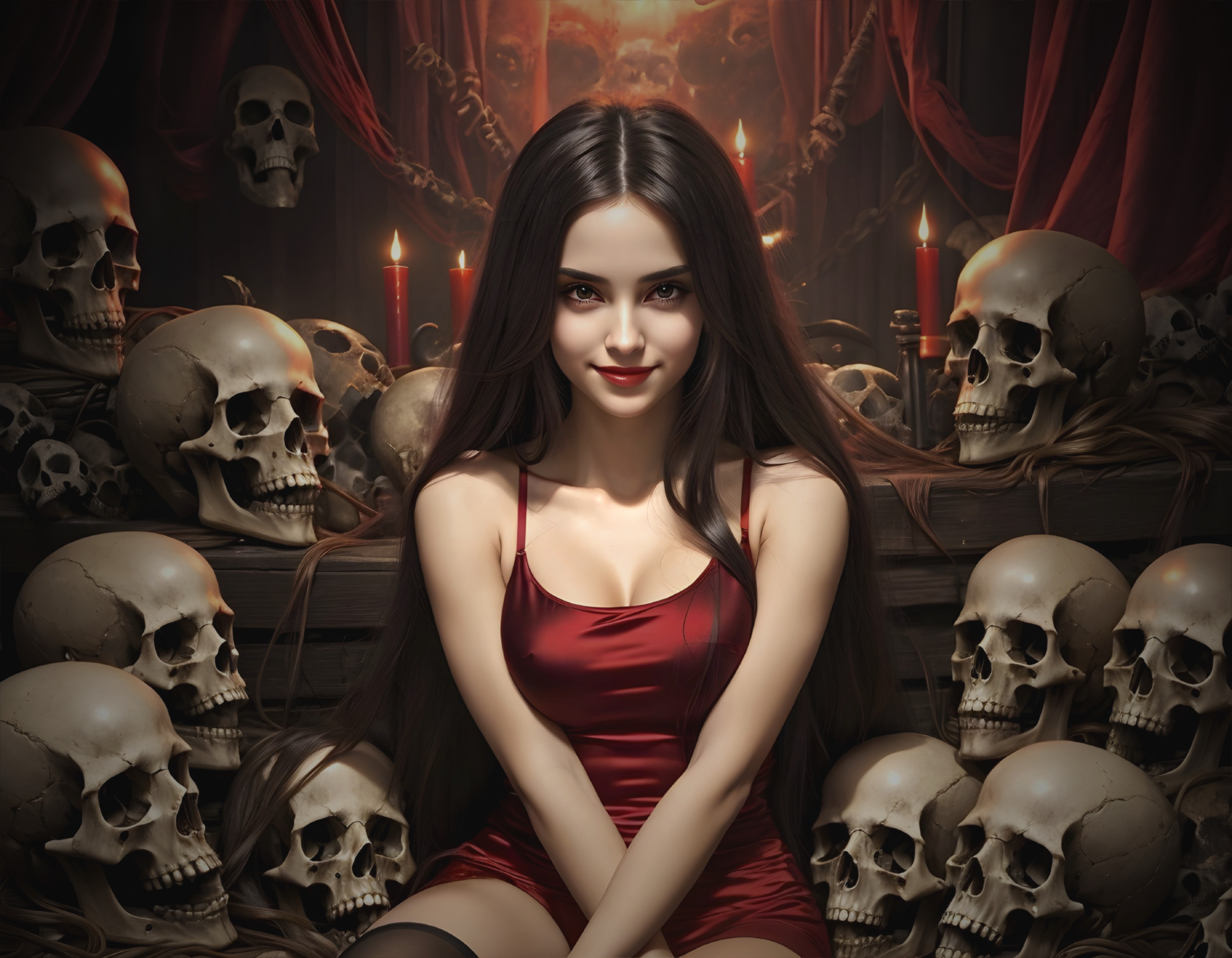 Woman in Red Dress Surrounded by Skulls and Candles
