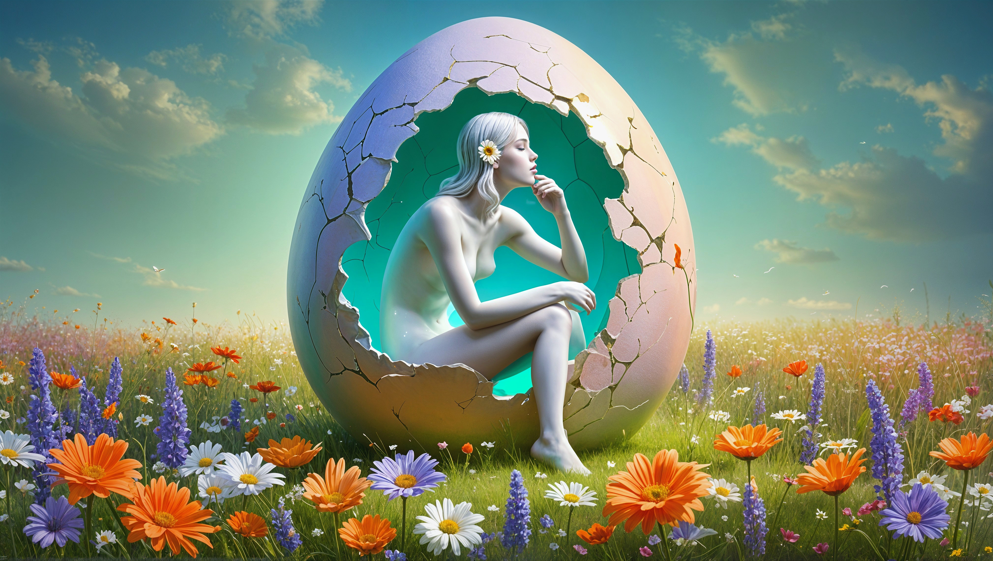 Contemplative Figure in Pastel Egg Surrounded by Flowers