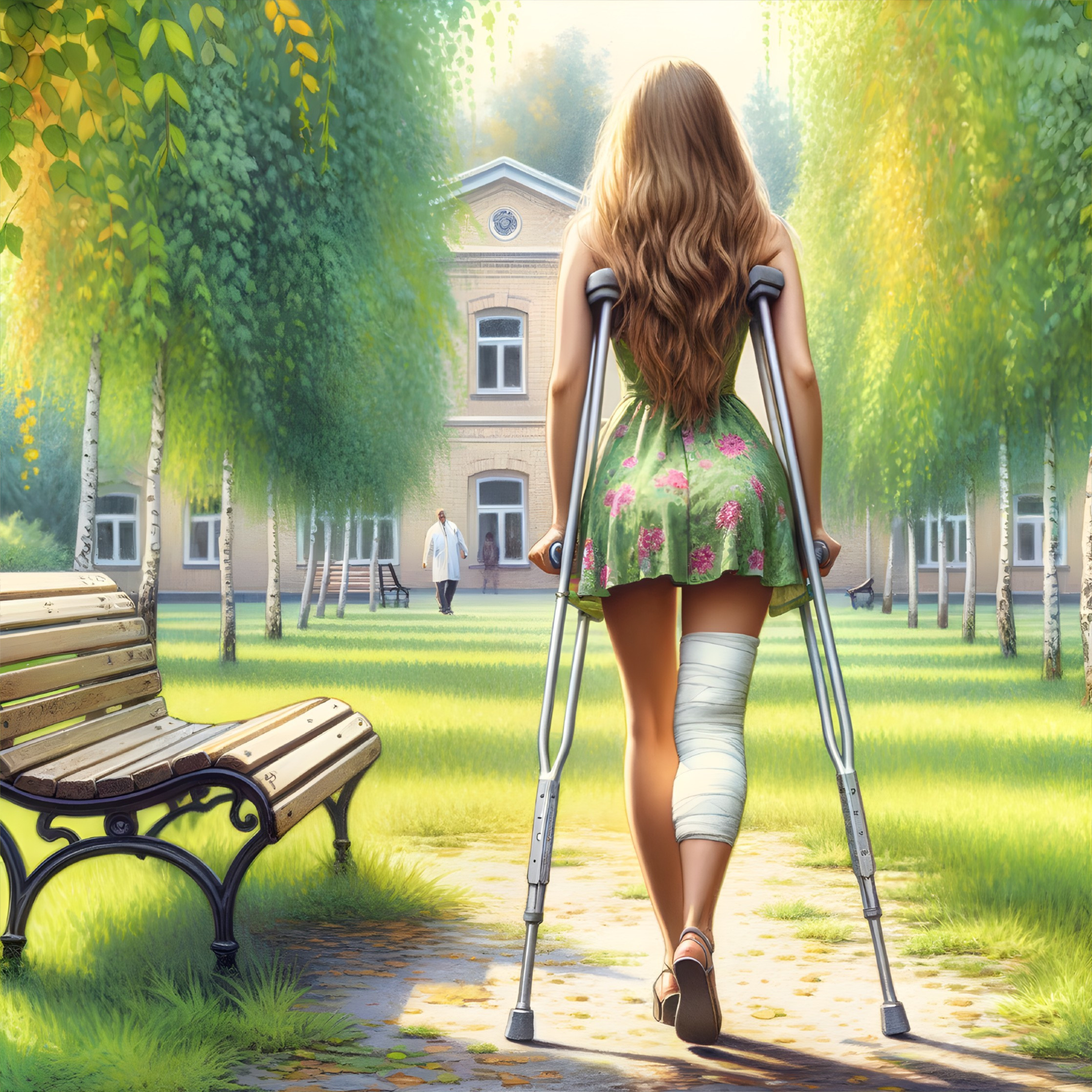 Young girl on crutches walking in sunny park setting