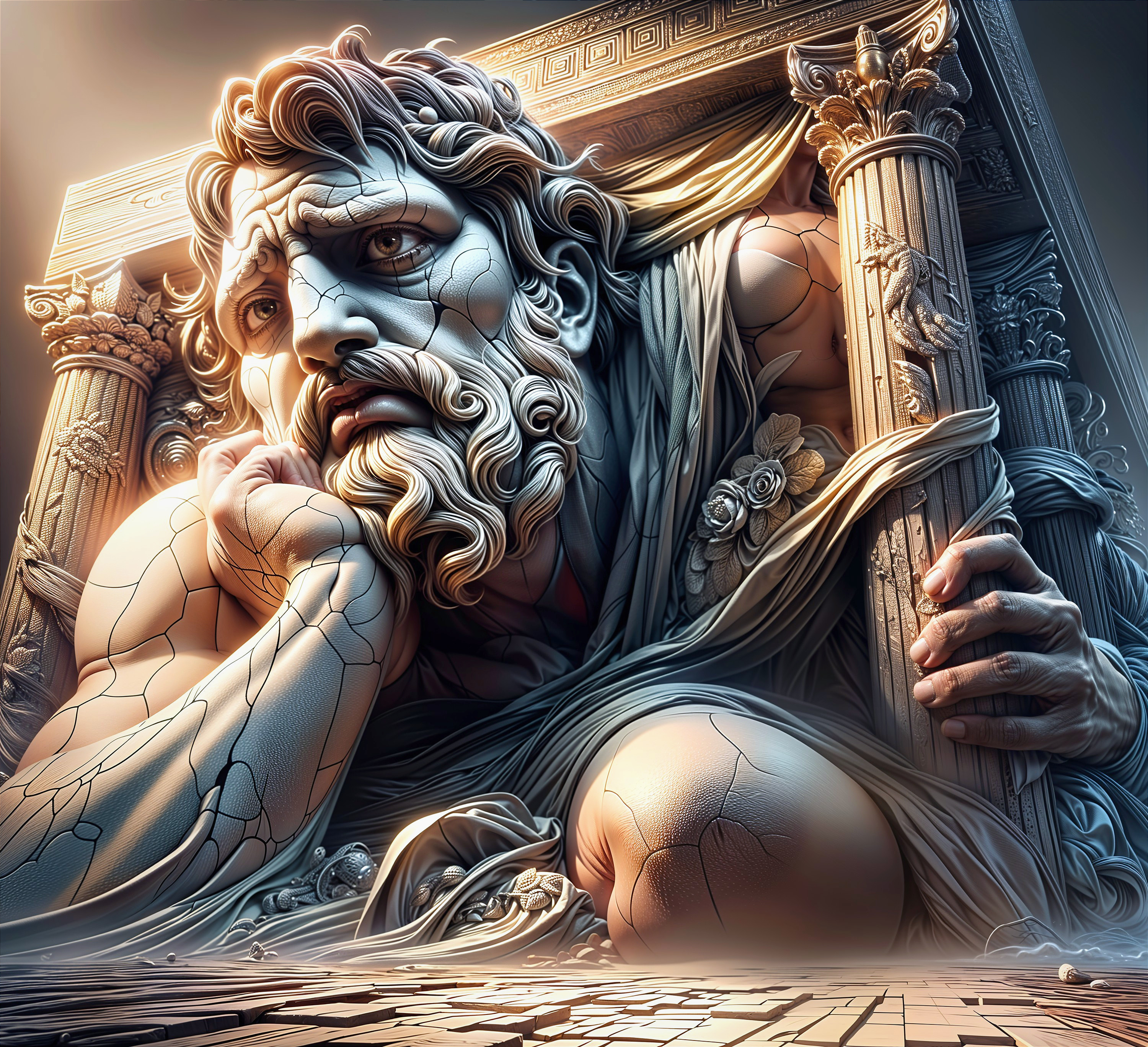 Intricately Detailed Melancholic Statue in Stone Frame