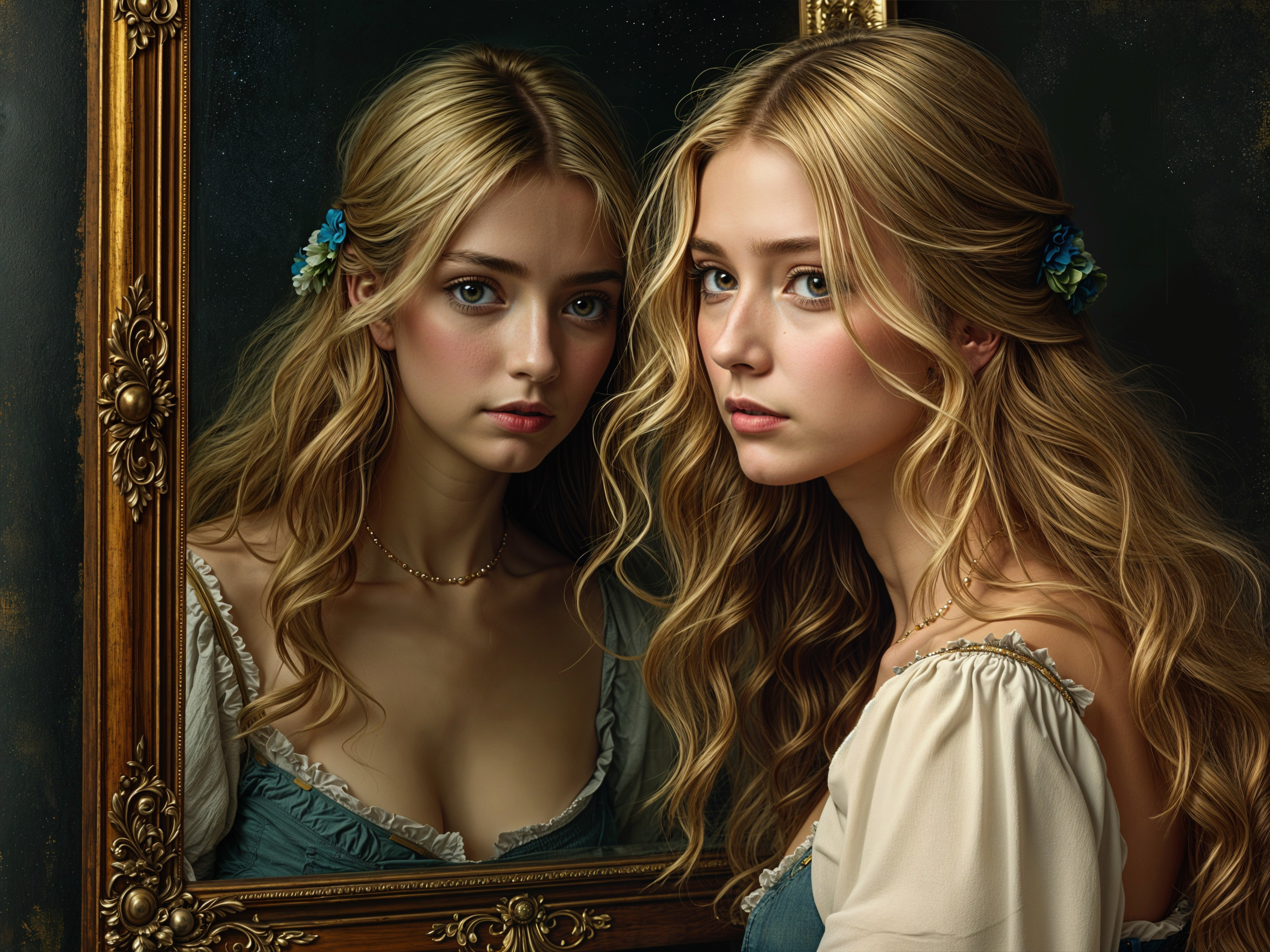 Young woman reflecting in vintage mirror with flowers