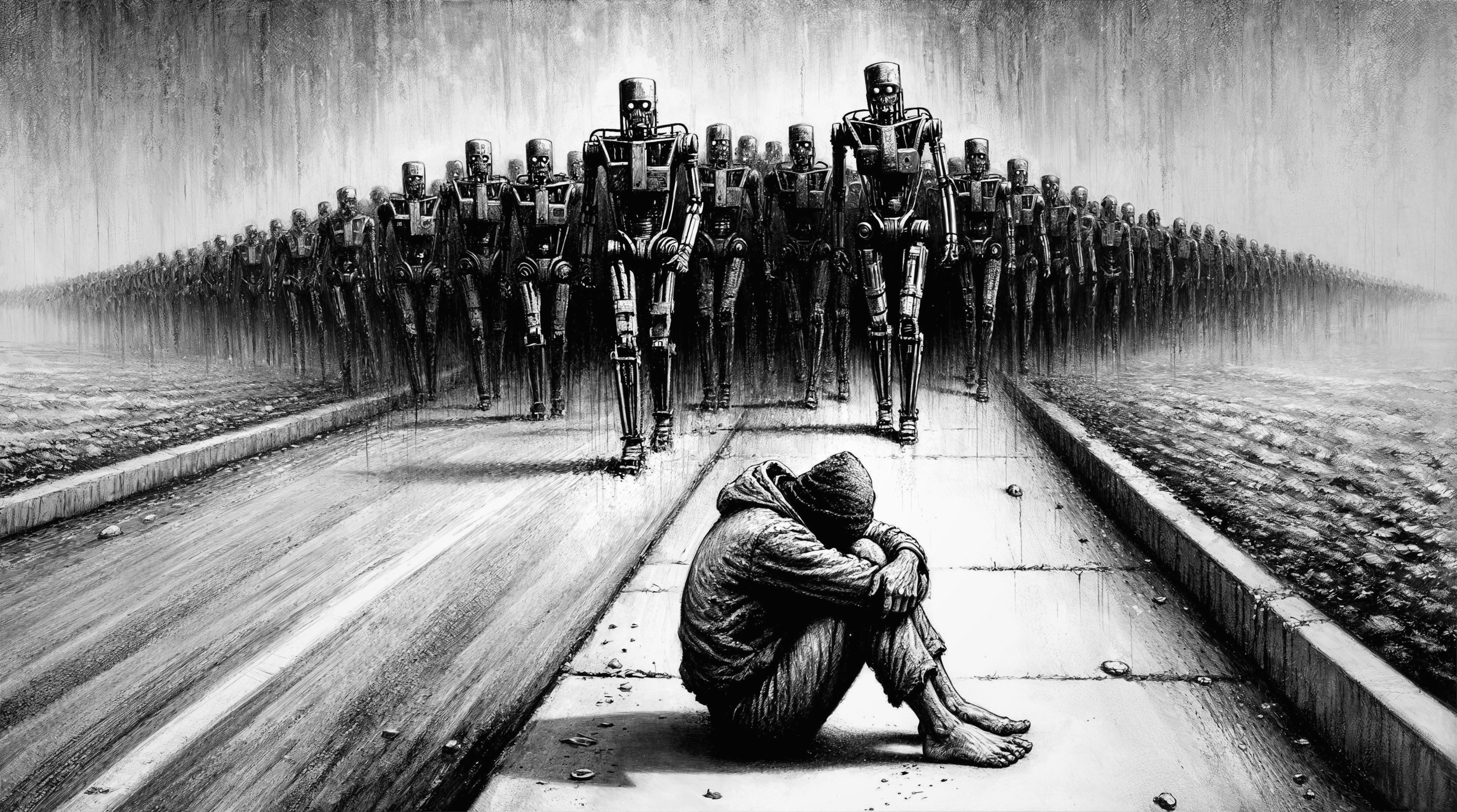 Dystopian Scene of Isolation and Robotic Threat