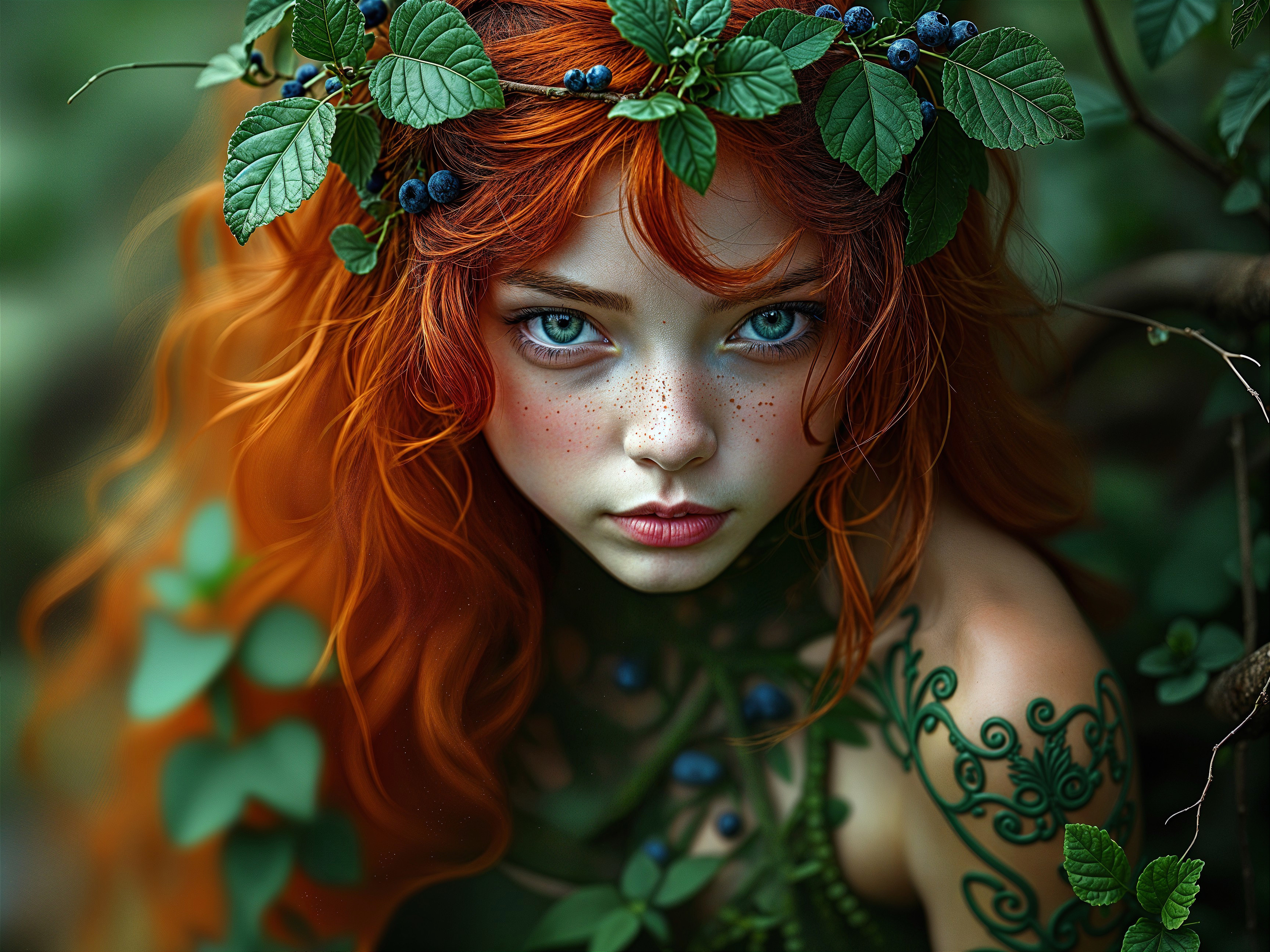 Young woman with red hair and nature-inspired features