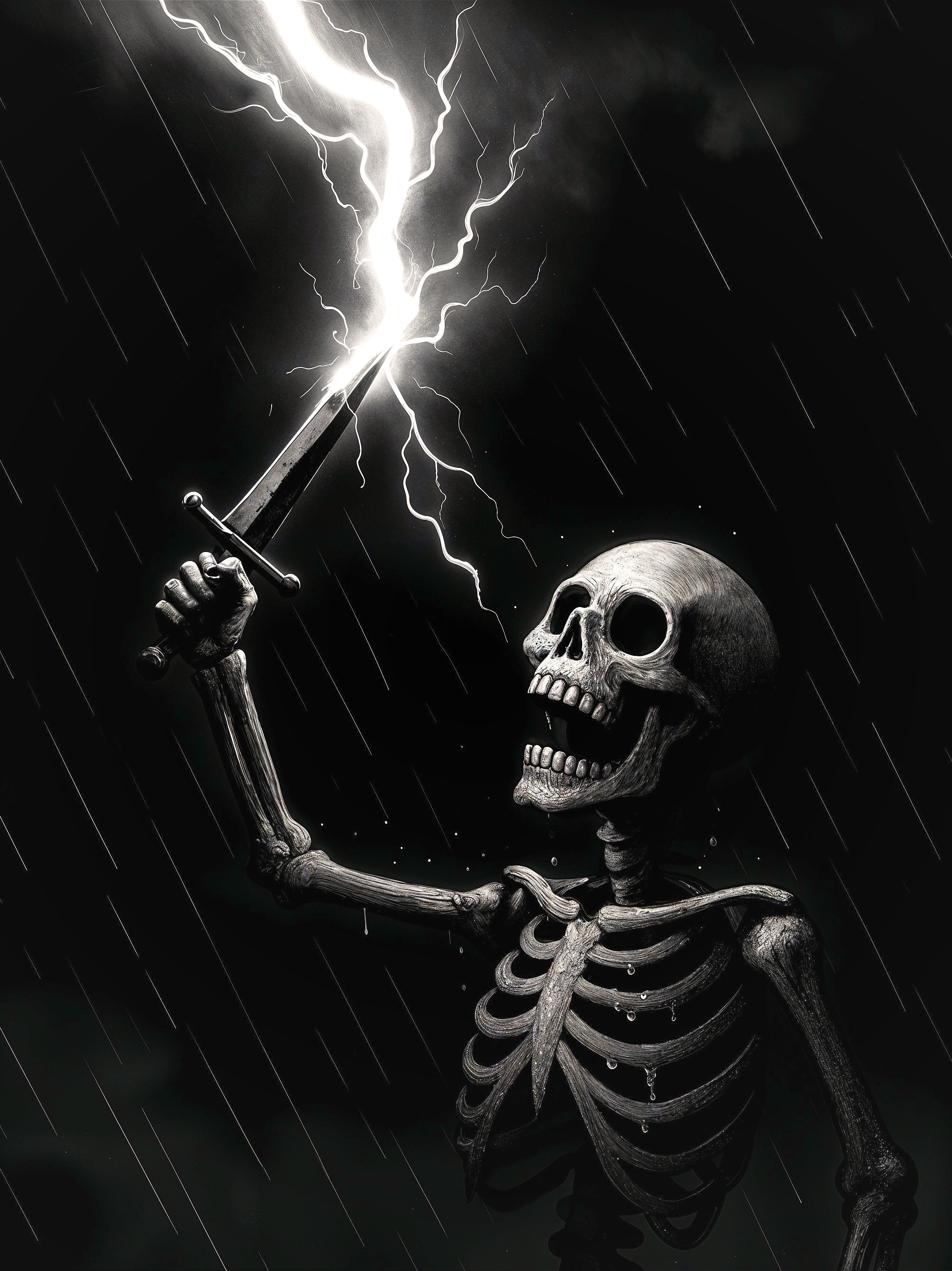 Skeletal Figure in Rain with Sword and Lightning Bolt