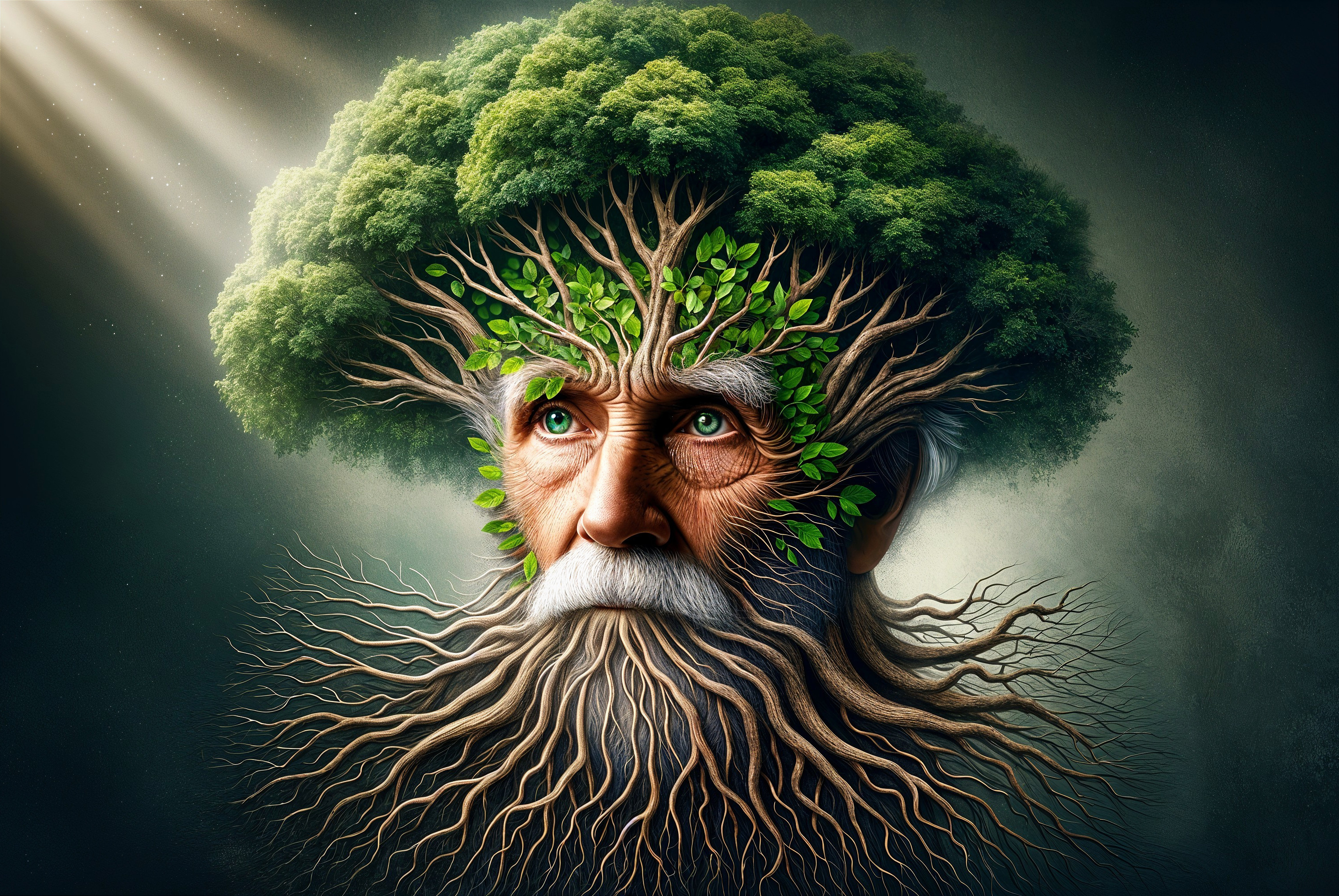 Elderly Face Merging with Nature Elements and Light