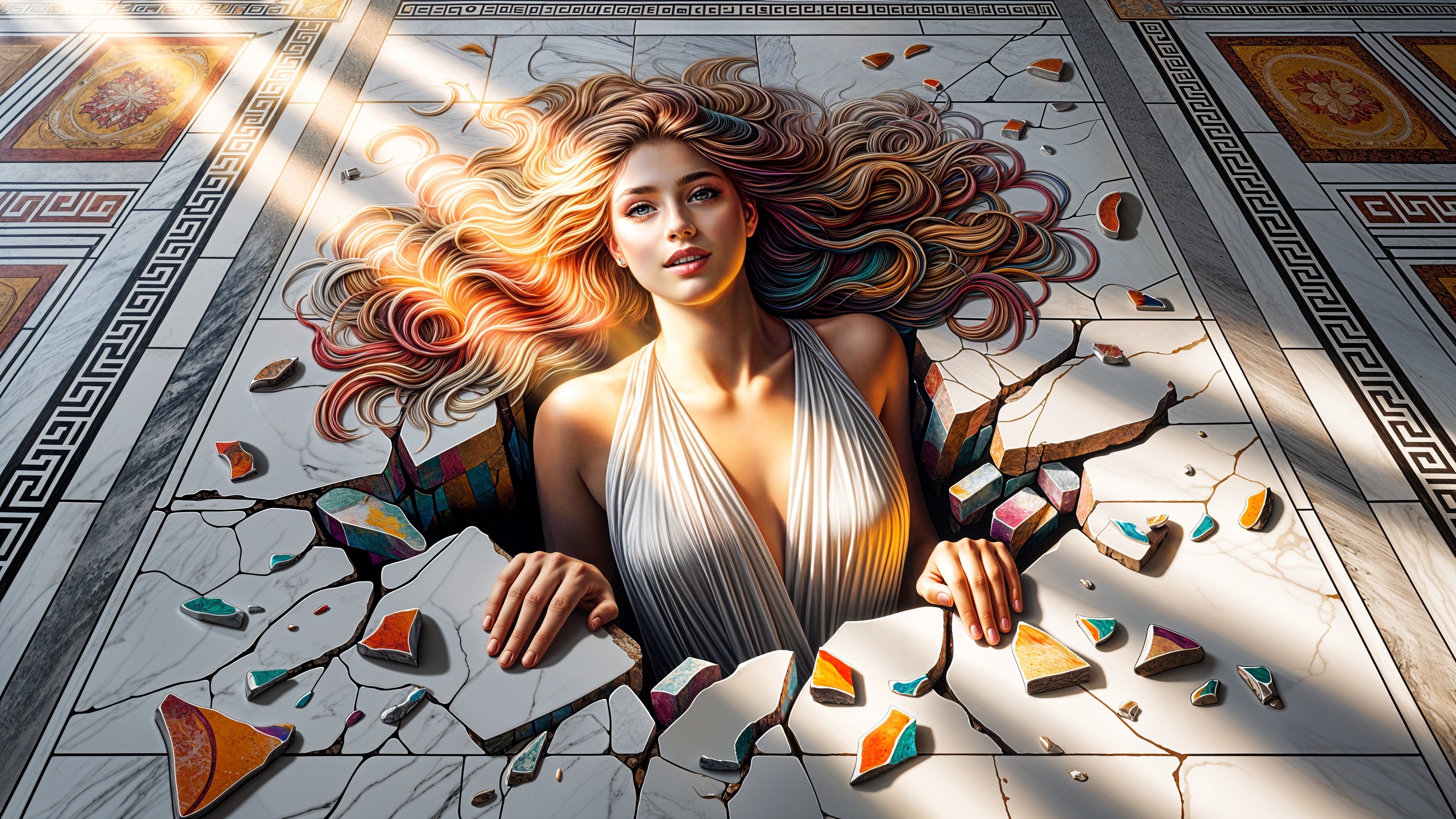 Young woman emerging from cracked tile floor illusion