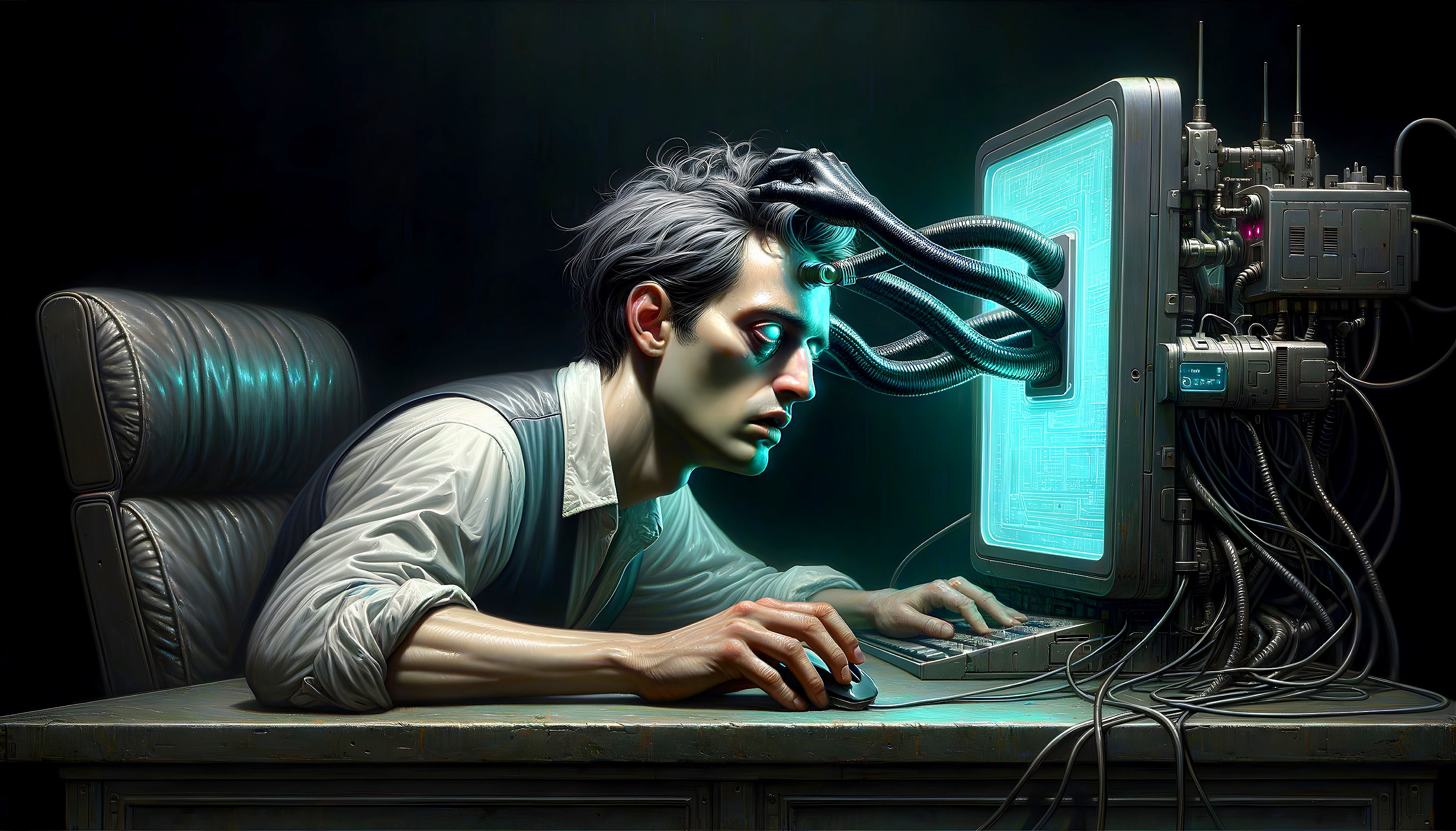 Man at Desk Connected to Computer by Digital Cables