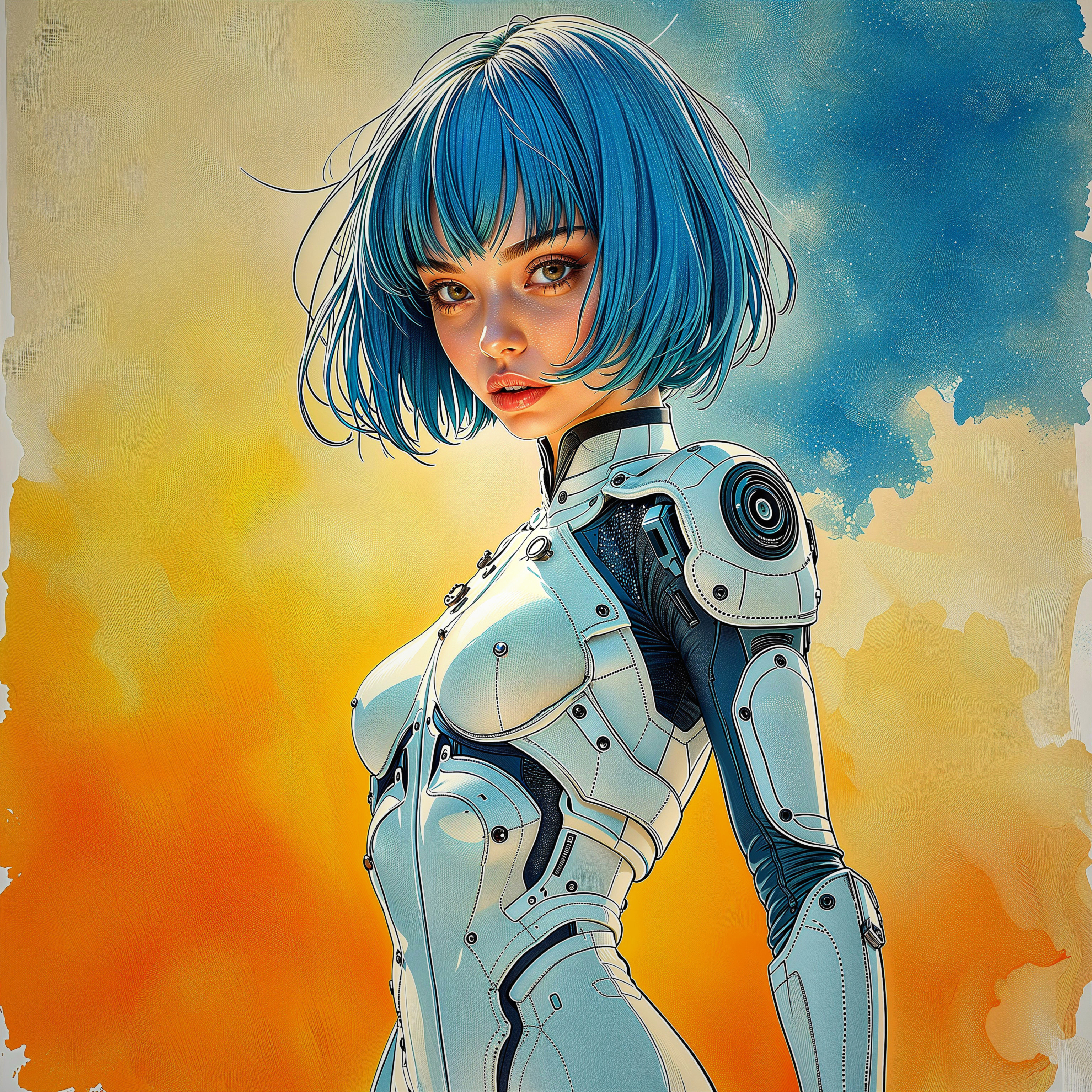 Futuristic Woman with Blue Hair in Sci-Fi Setting