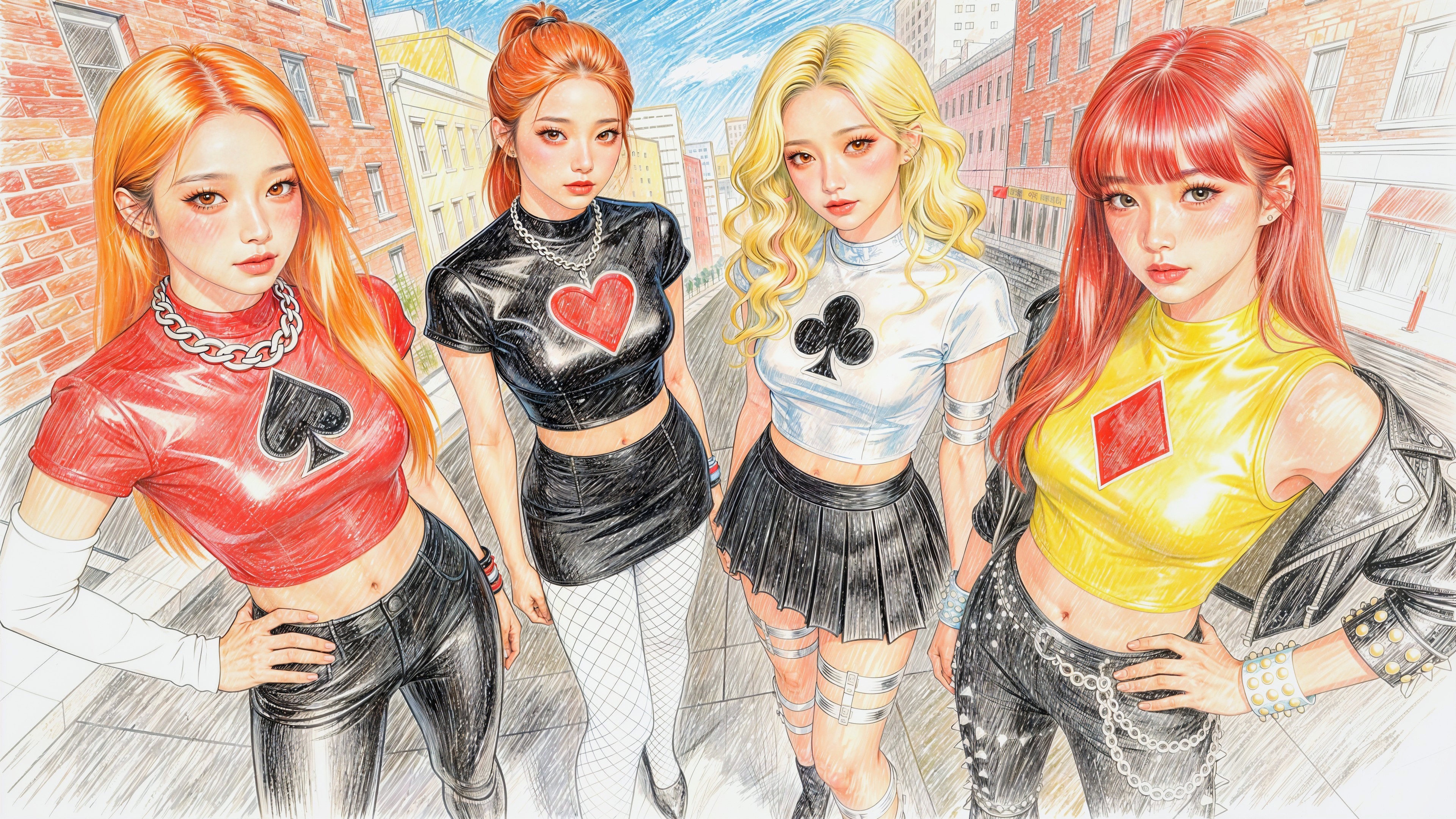 Colored Pencil Drawing of Four Women in City Setting