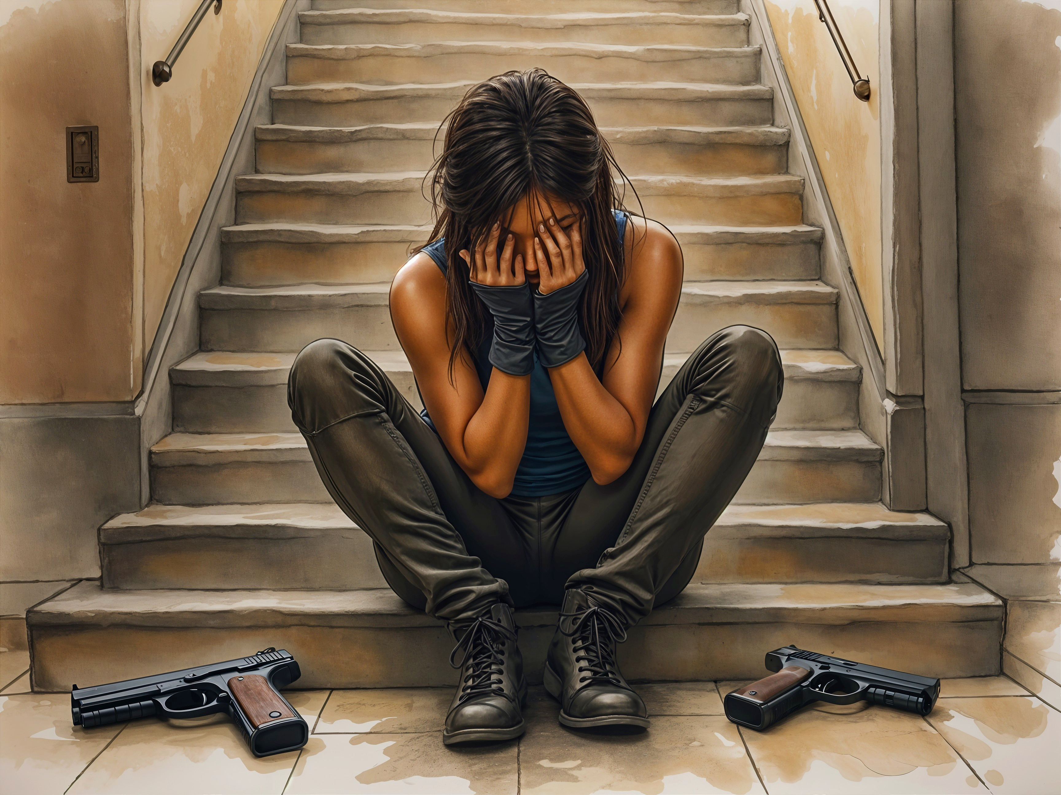 Woman in blue tank top sits in despair on staircase