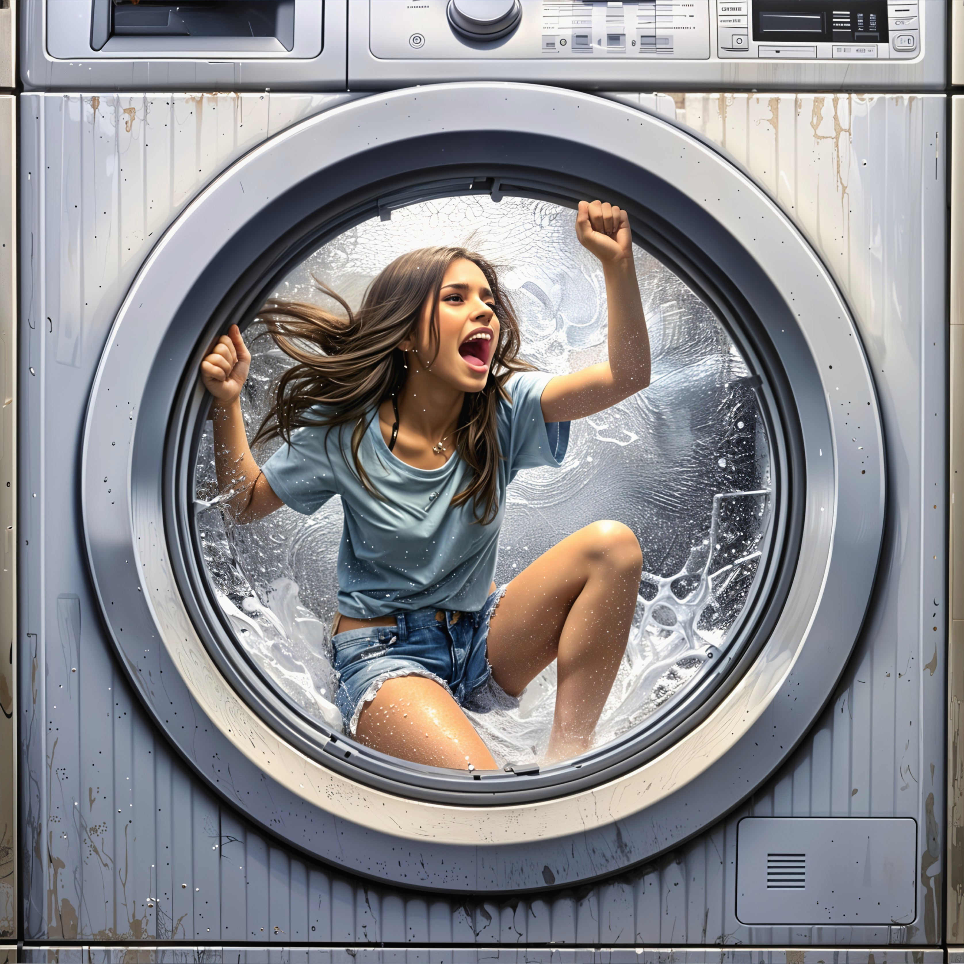 Young woman joyfully sitting in a washing machine