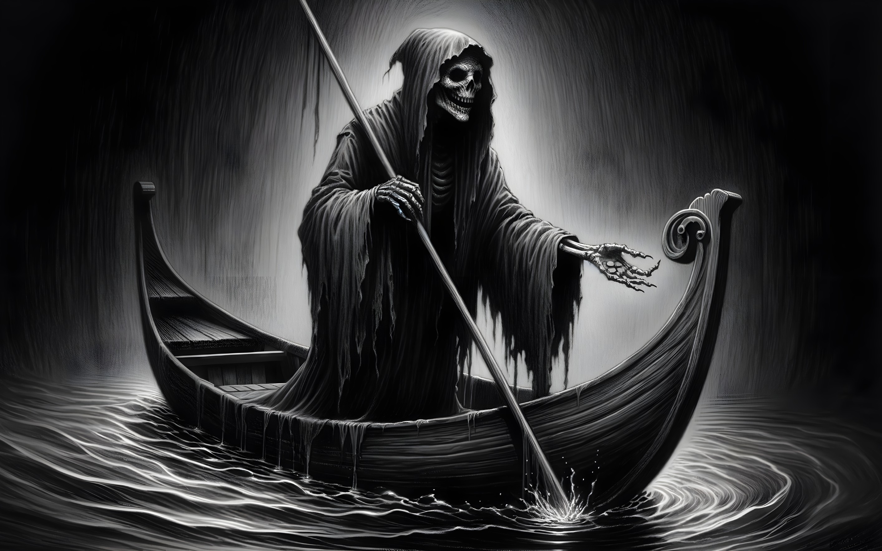 Cloaked grim reaper with oar in boat on dark water