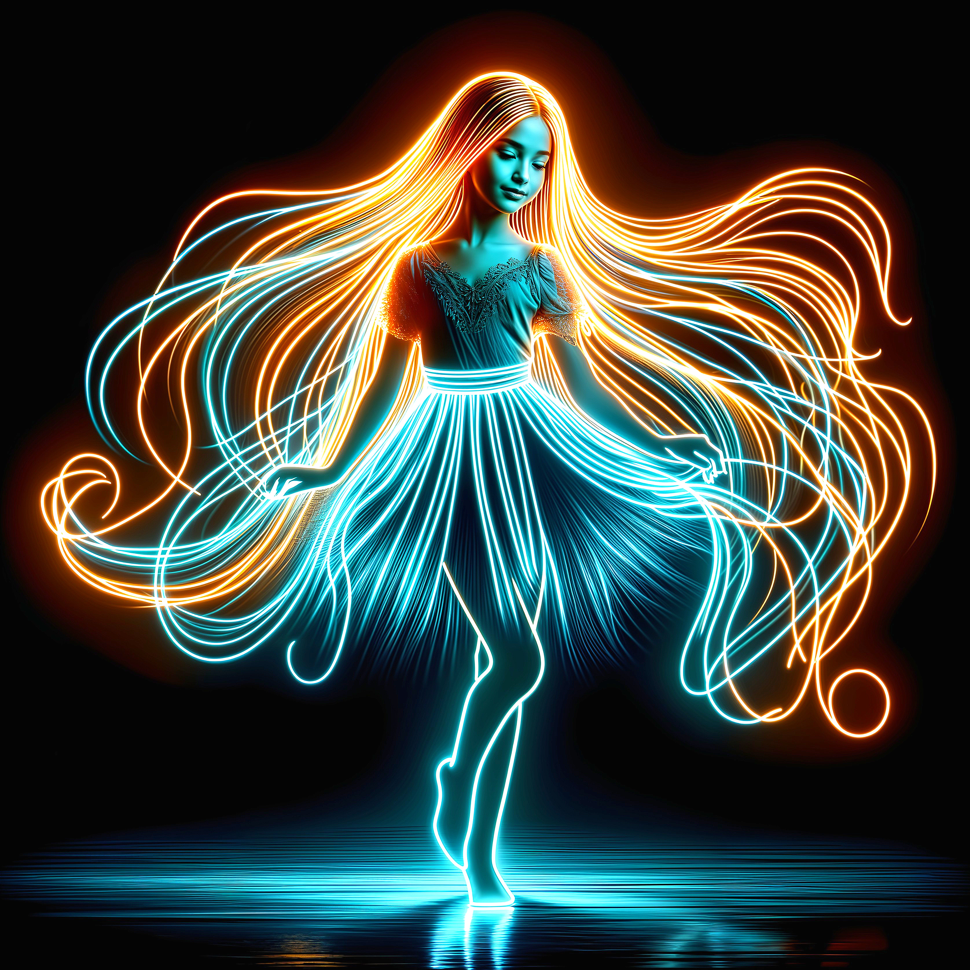 Luminous Dancing Figure in Neon Orange and Blue