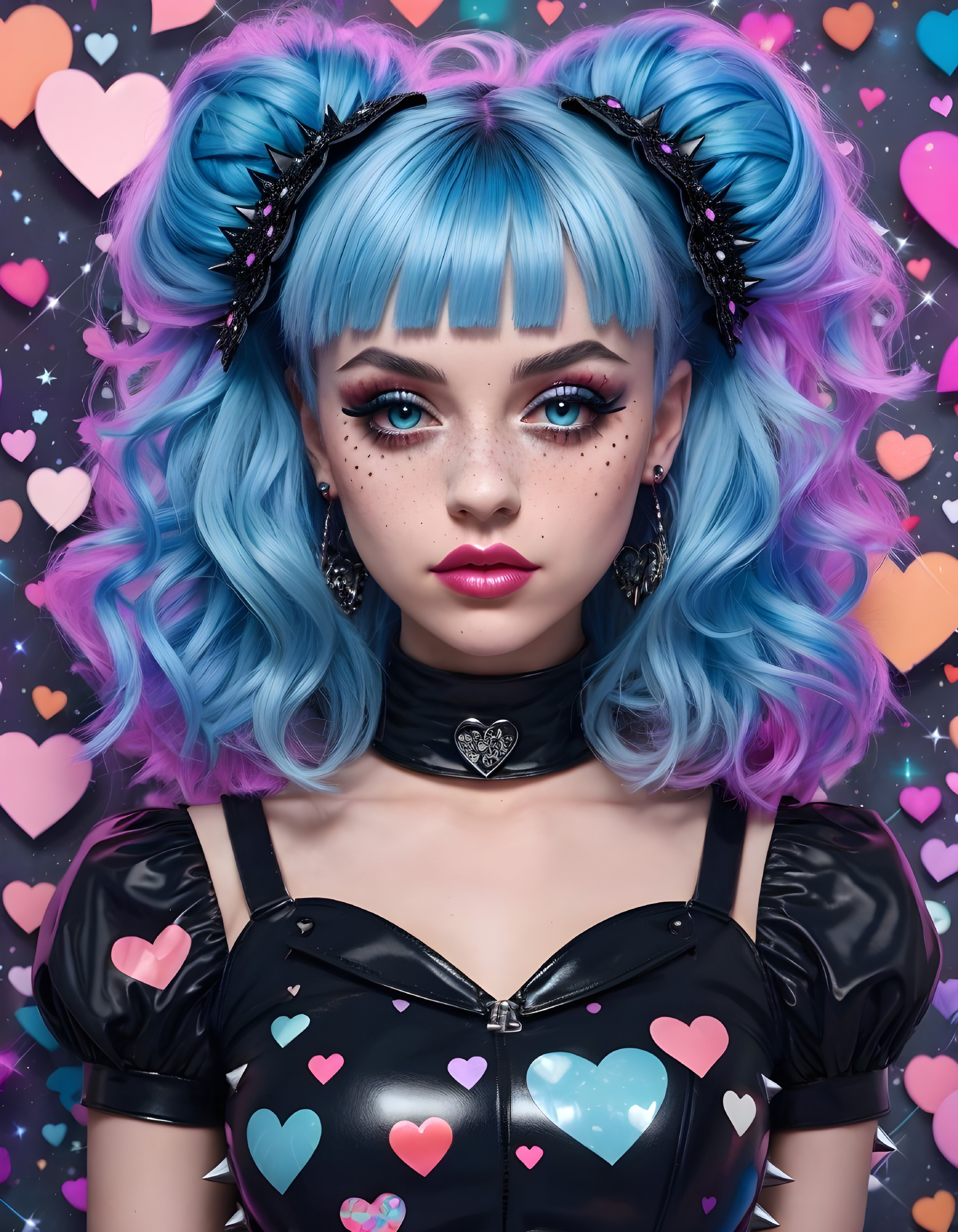 Young Woman with Blue Hair and Heart Motif Outfit