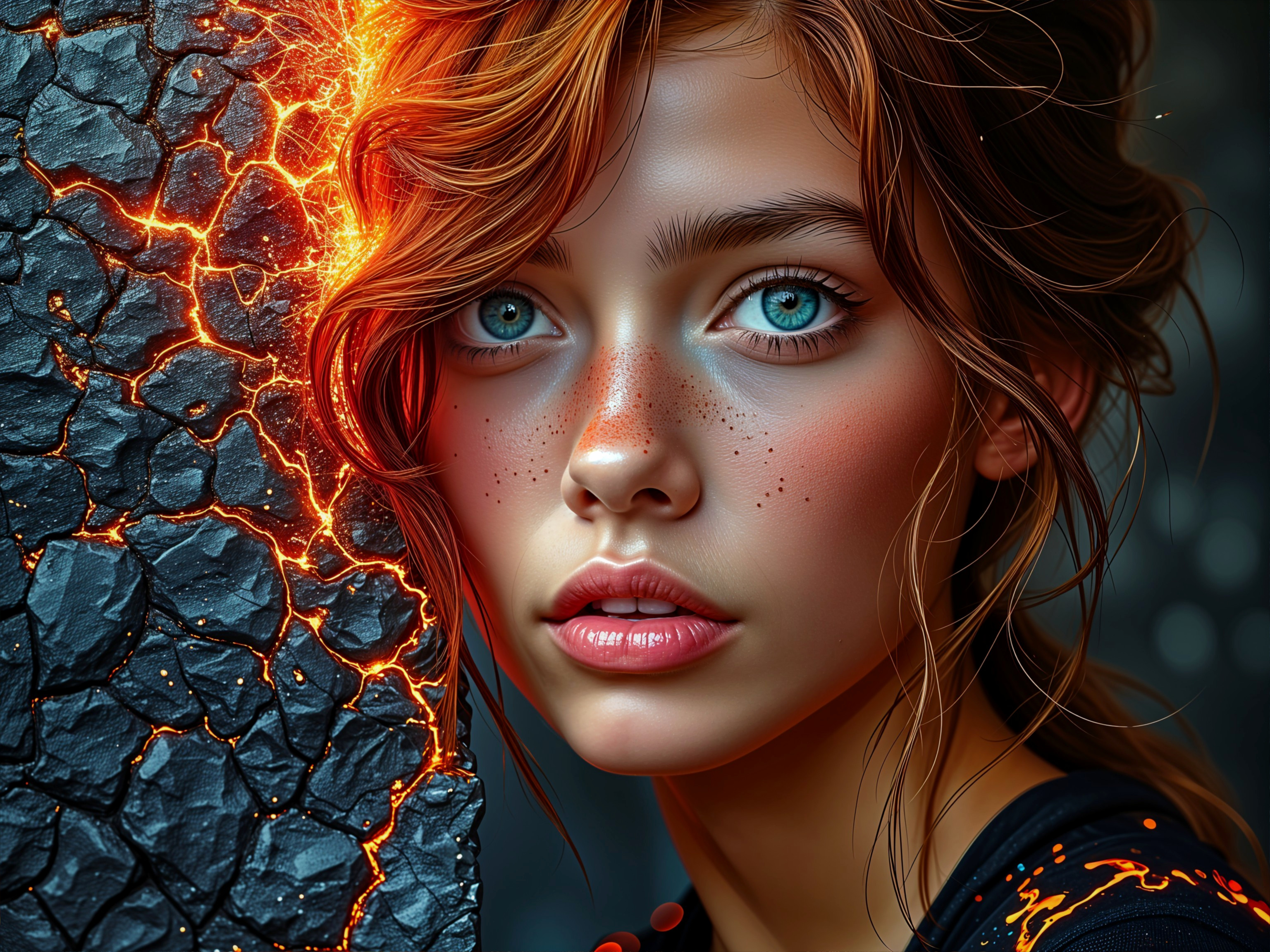 Portrait of a Young Woman with Blue Eyes and Freckles