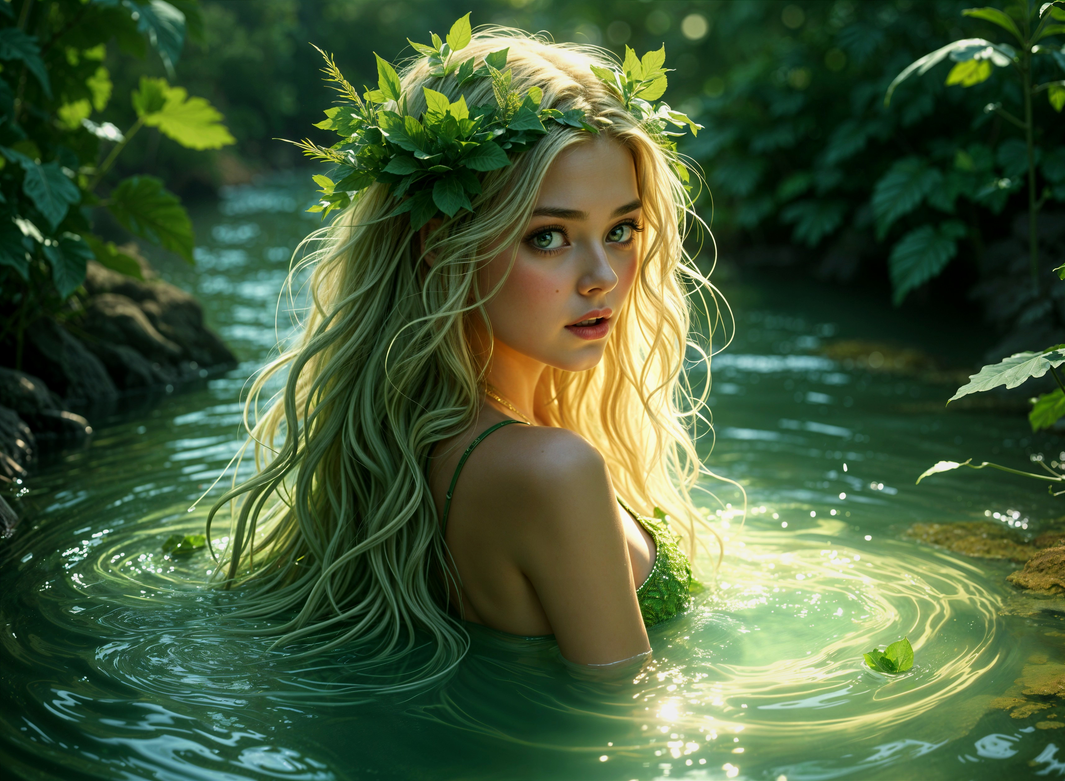 Young woman in a forest pool with flowing blonde hair