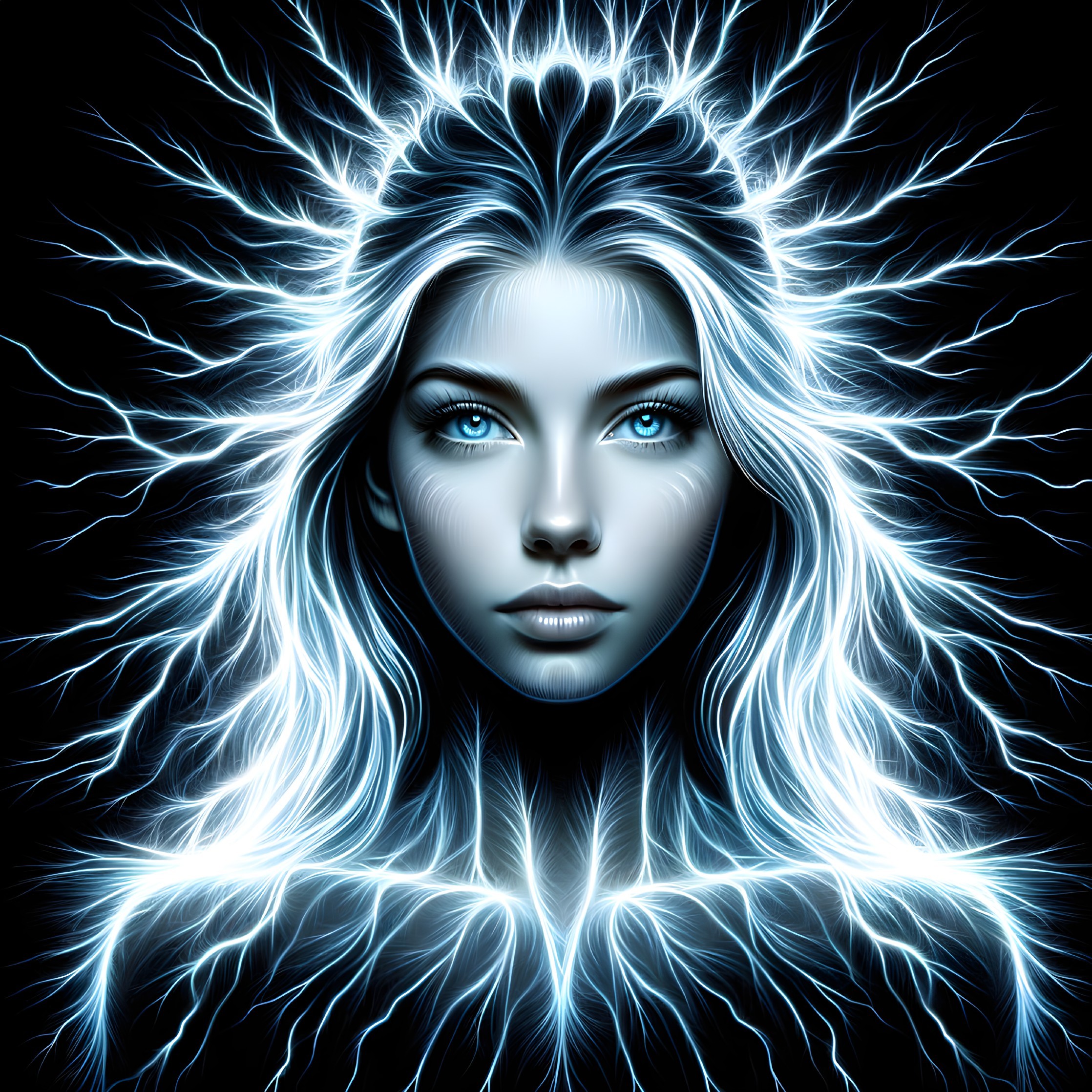 Digital Art: Woman with Glowing Blue Hair and Electric Eyes on Dark Background