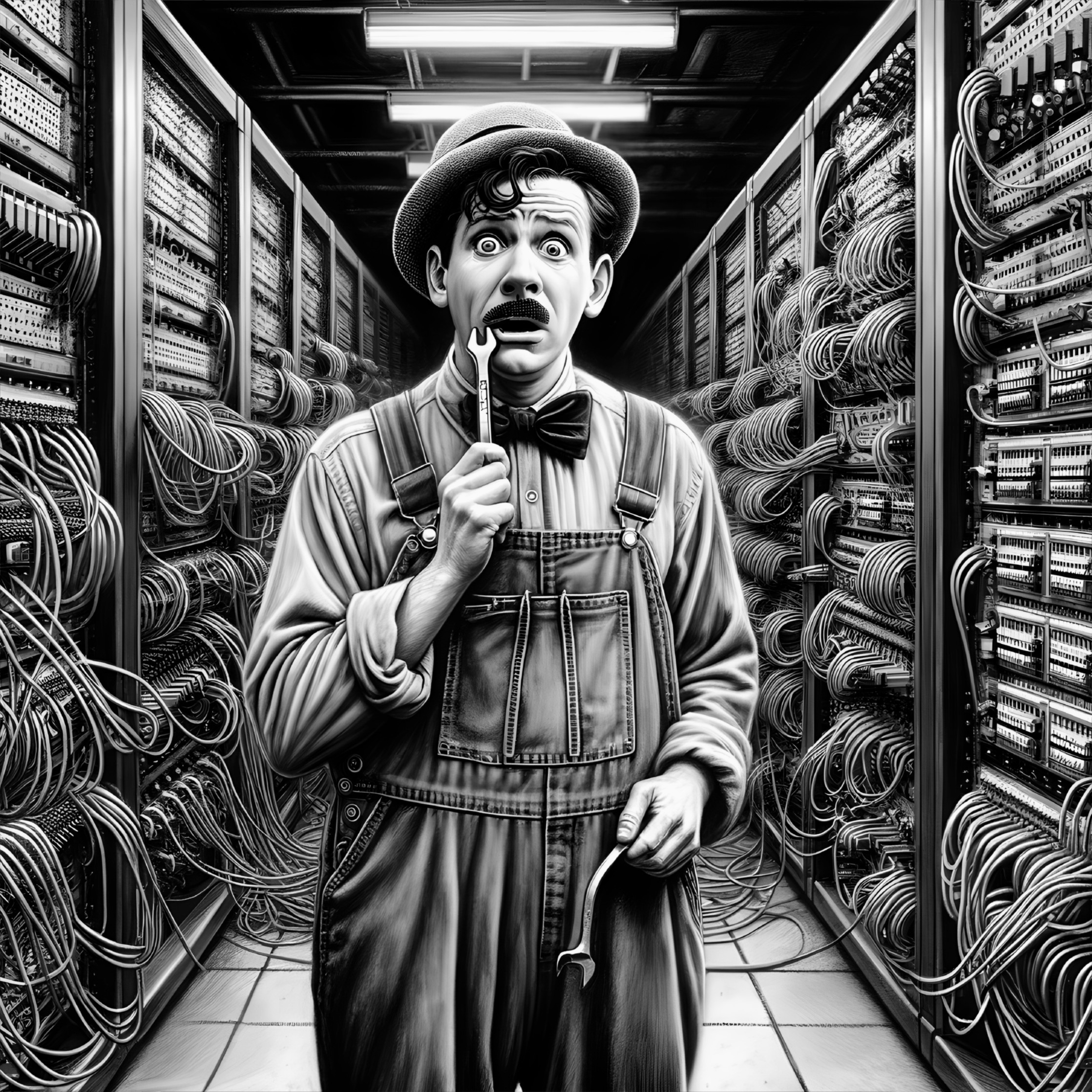 Vintage Character in Server Room with Tools and Wires