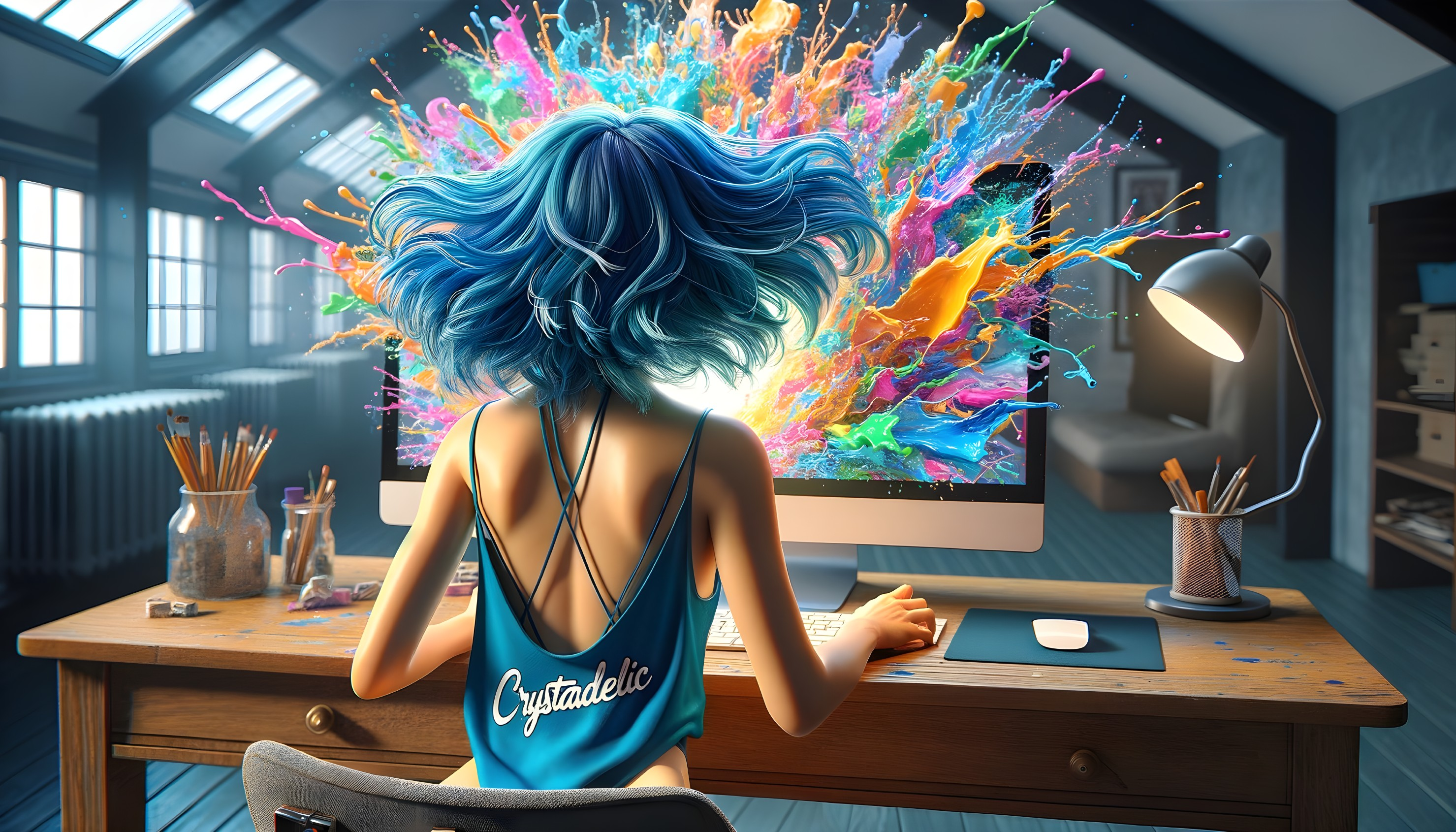 Vibrant blue-haired woman creating digital art in colorful workspace