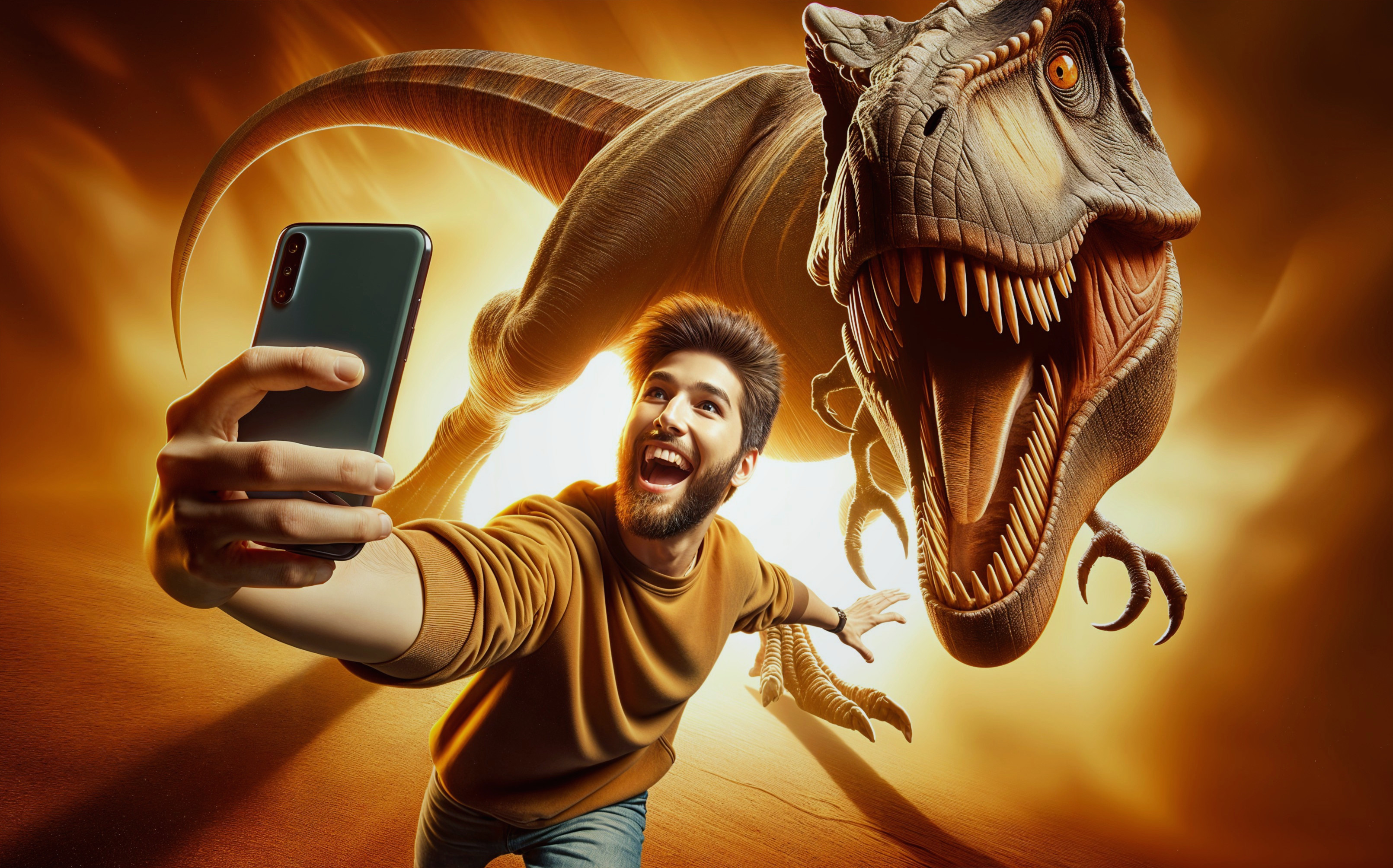 Young man selfies with Tyrannosaurus Rex backdrop