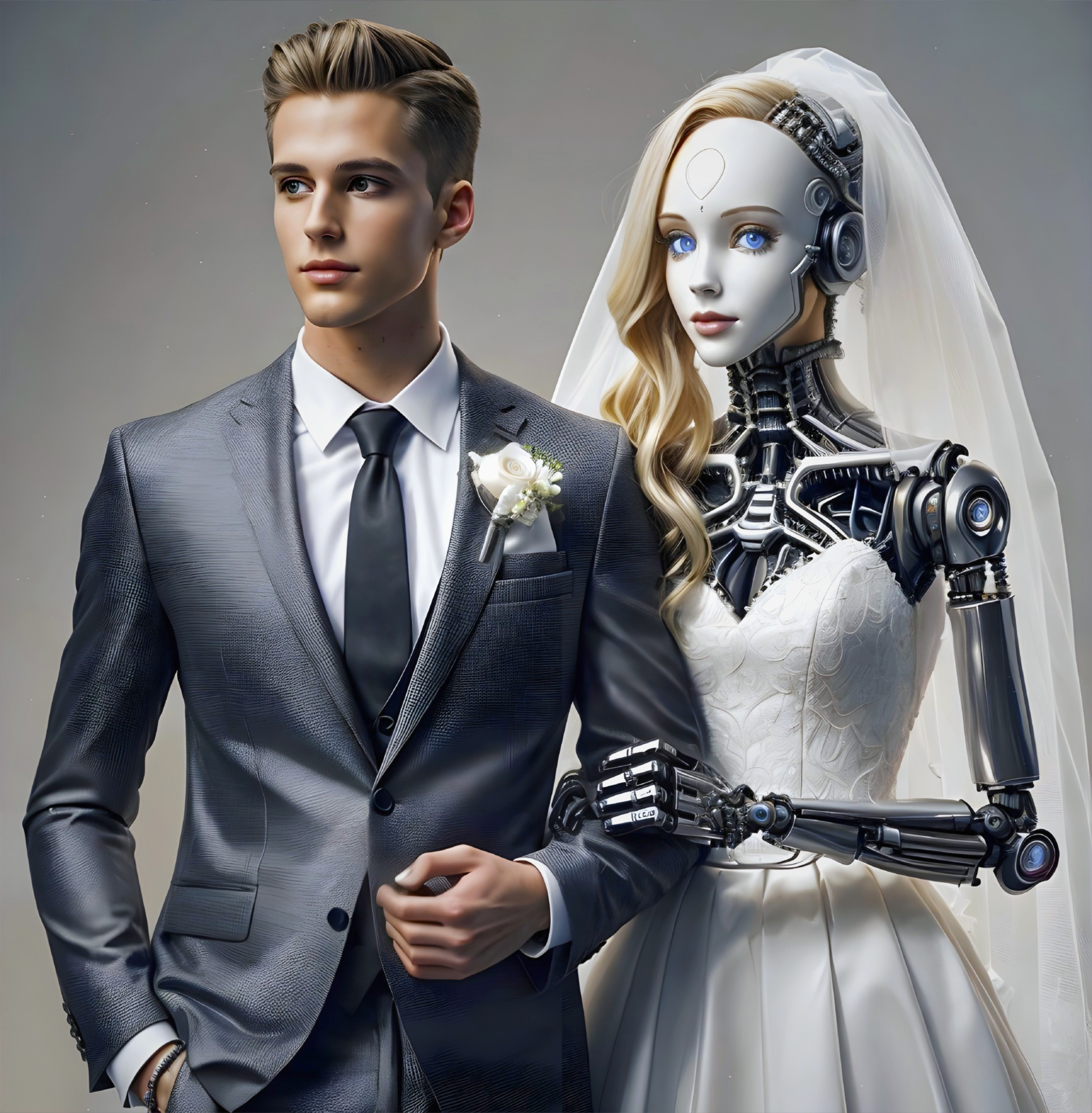 Man in Suit with Female Android in Bridal Gown