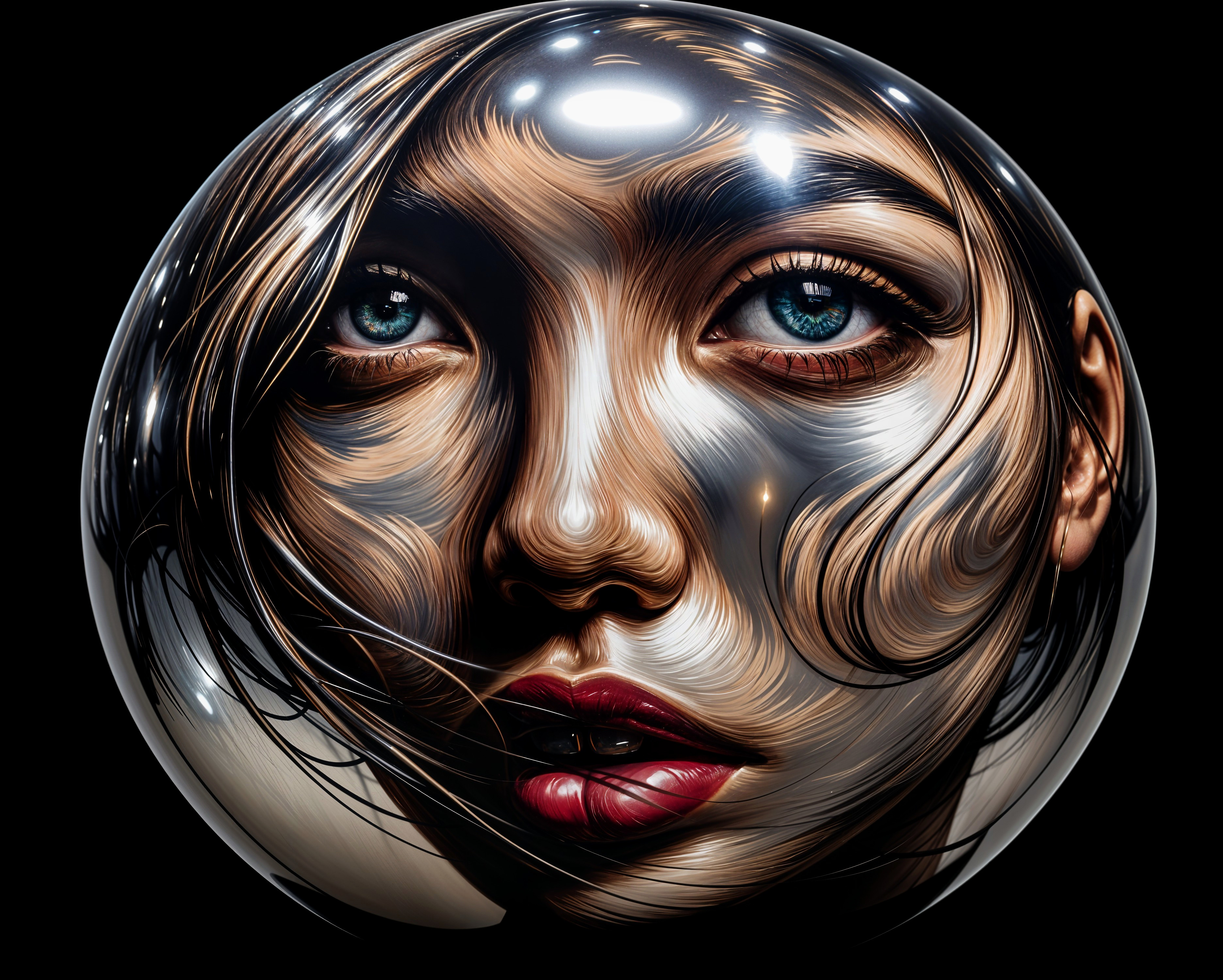 Hyper-realistic spherical artwork of a woman's face
