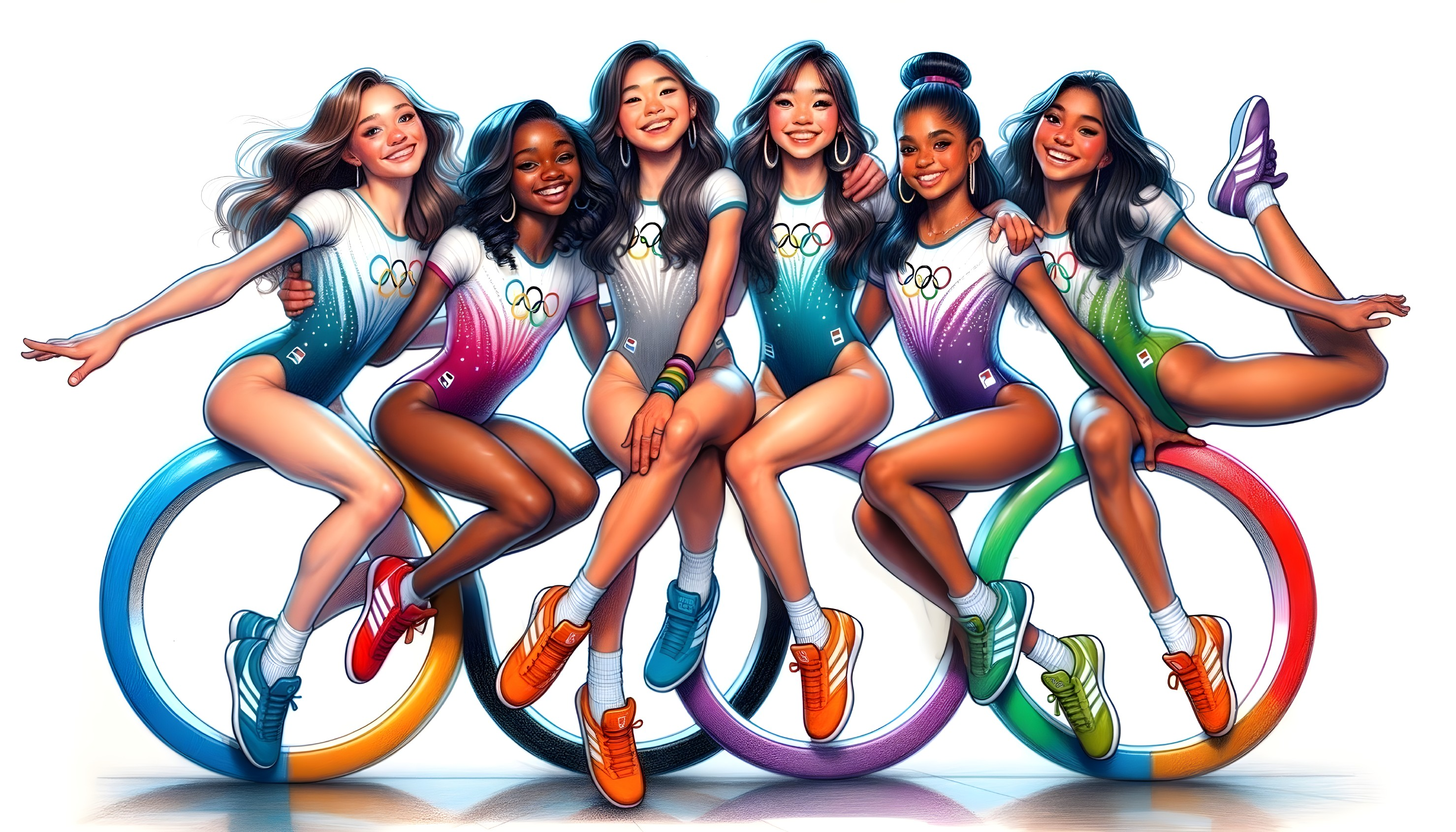 Diverse Young Female Gymnasts on Olympic Rings Illustration
