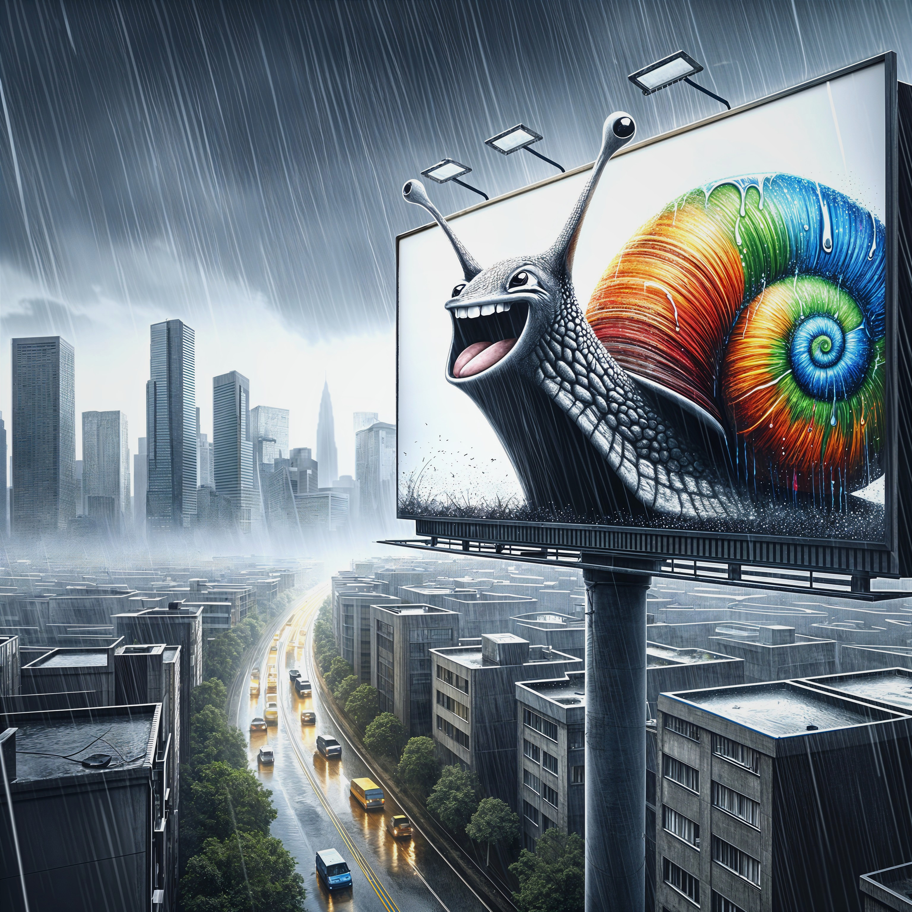 Whimsical Snail Billboard Above Rainy Cityscape