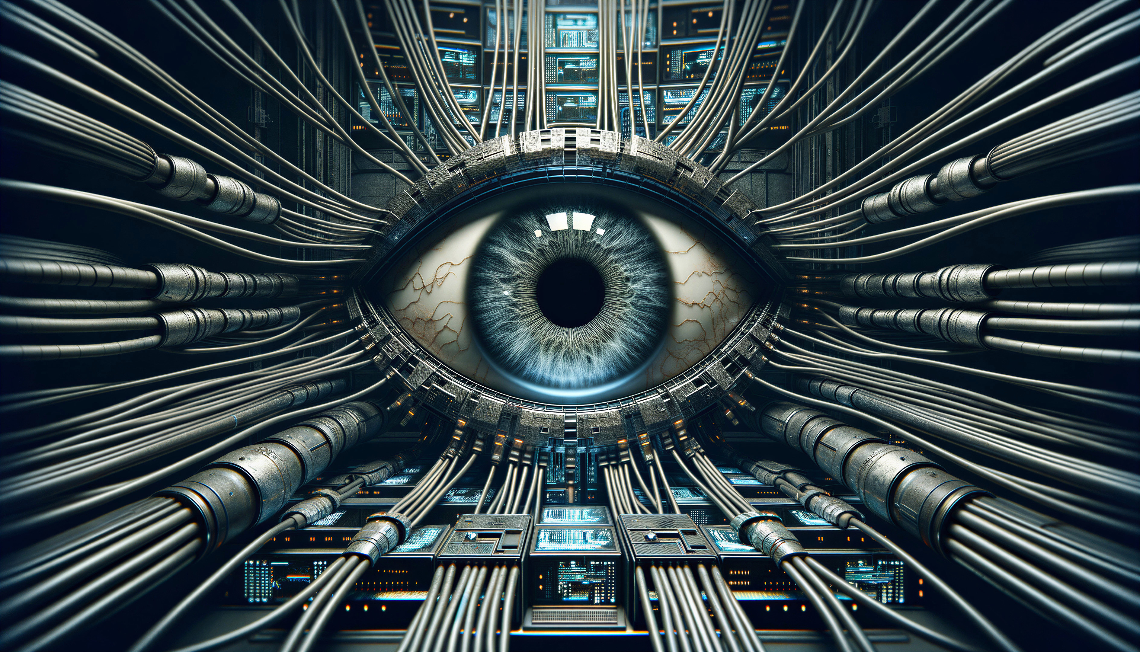 Detailed Human Eye Amidst Intricate Machinery Background