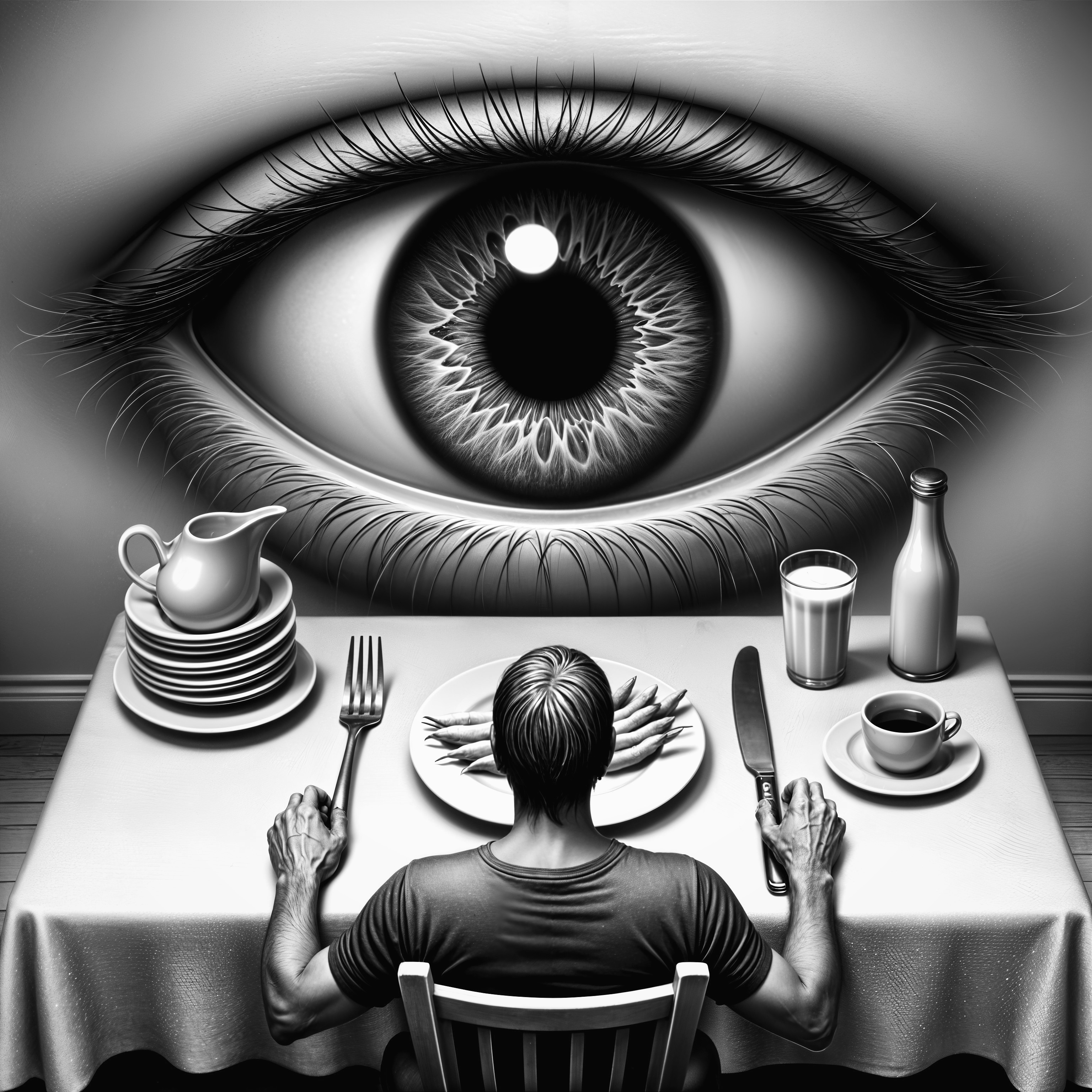 Surreal Black-and-White Dining Scene with Oversized Eye
