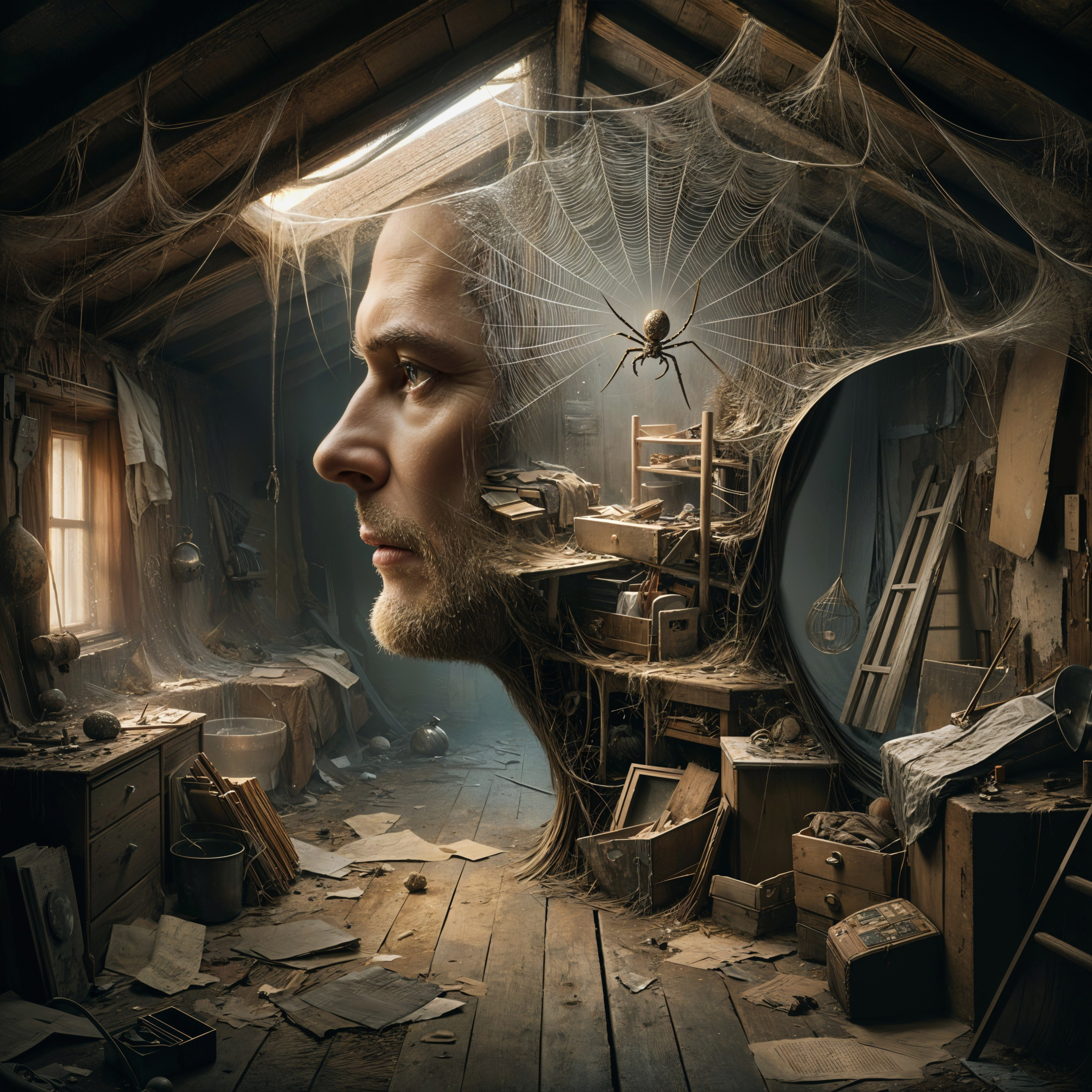 Profile in a Dimly Lit Attic with Dusty Clutter