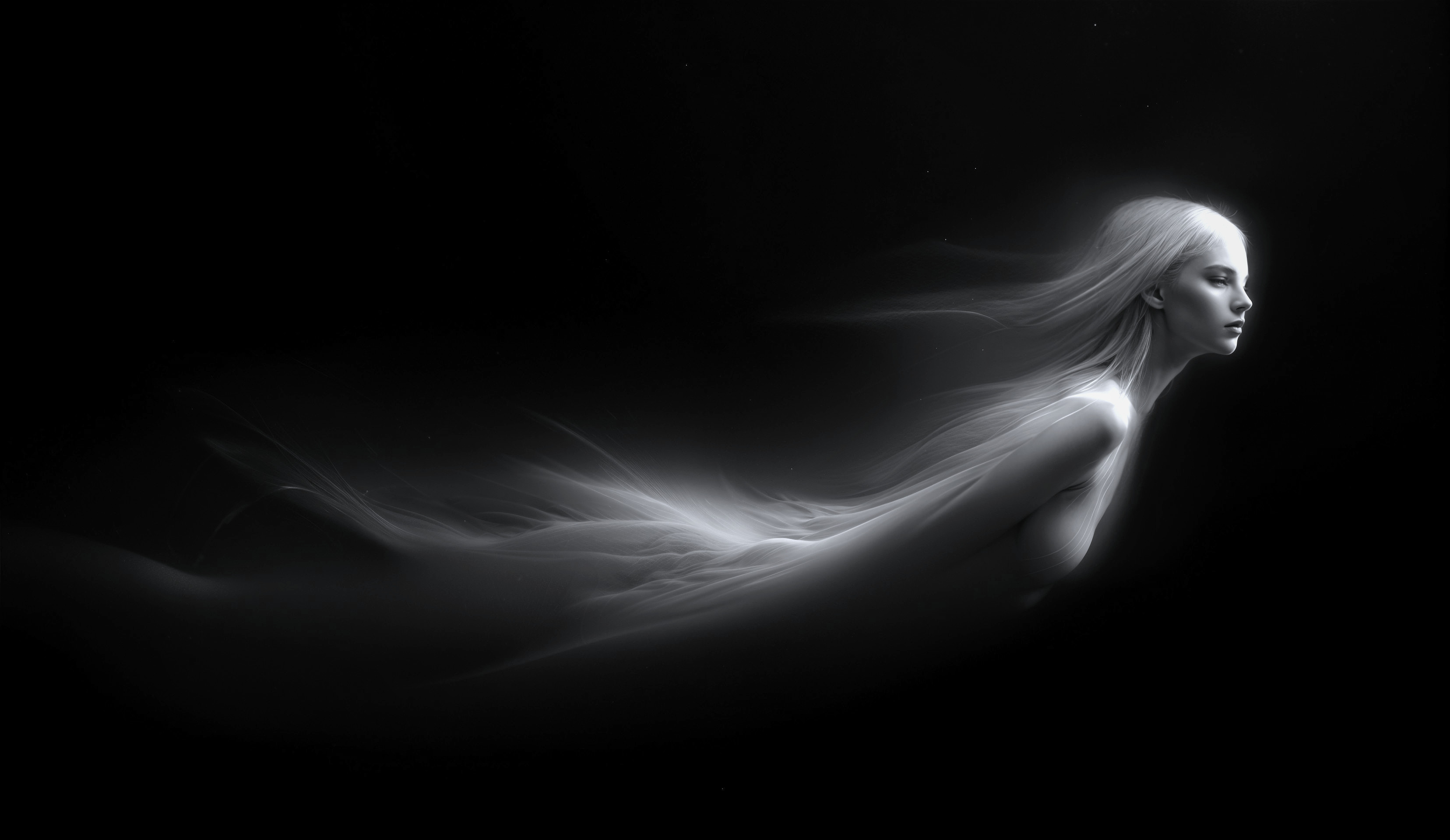 Ghostly Woman with Flowing Hair in Dark Background