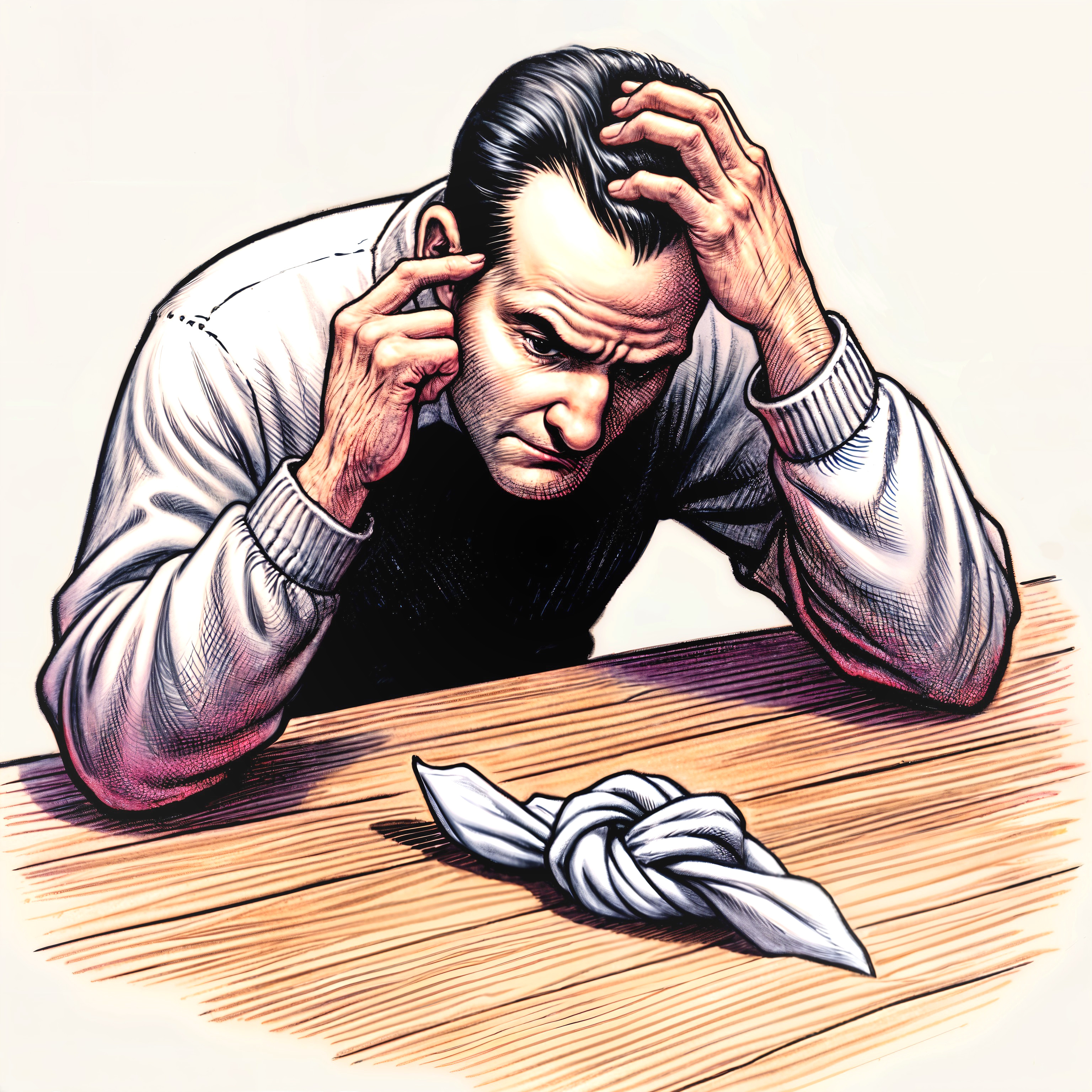 Man at Wooden Table Reflecting Stress and Anxiety