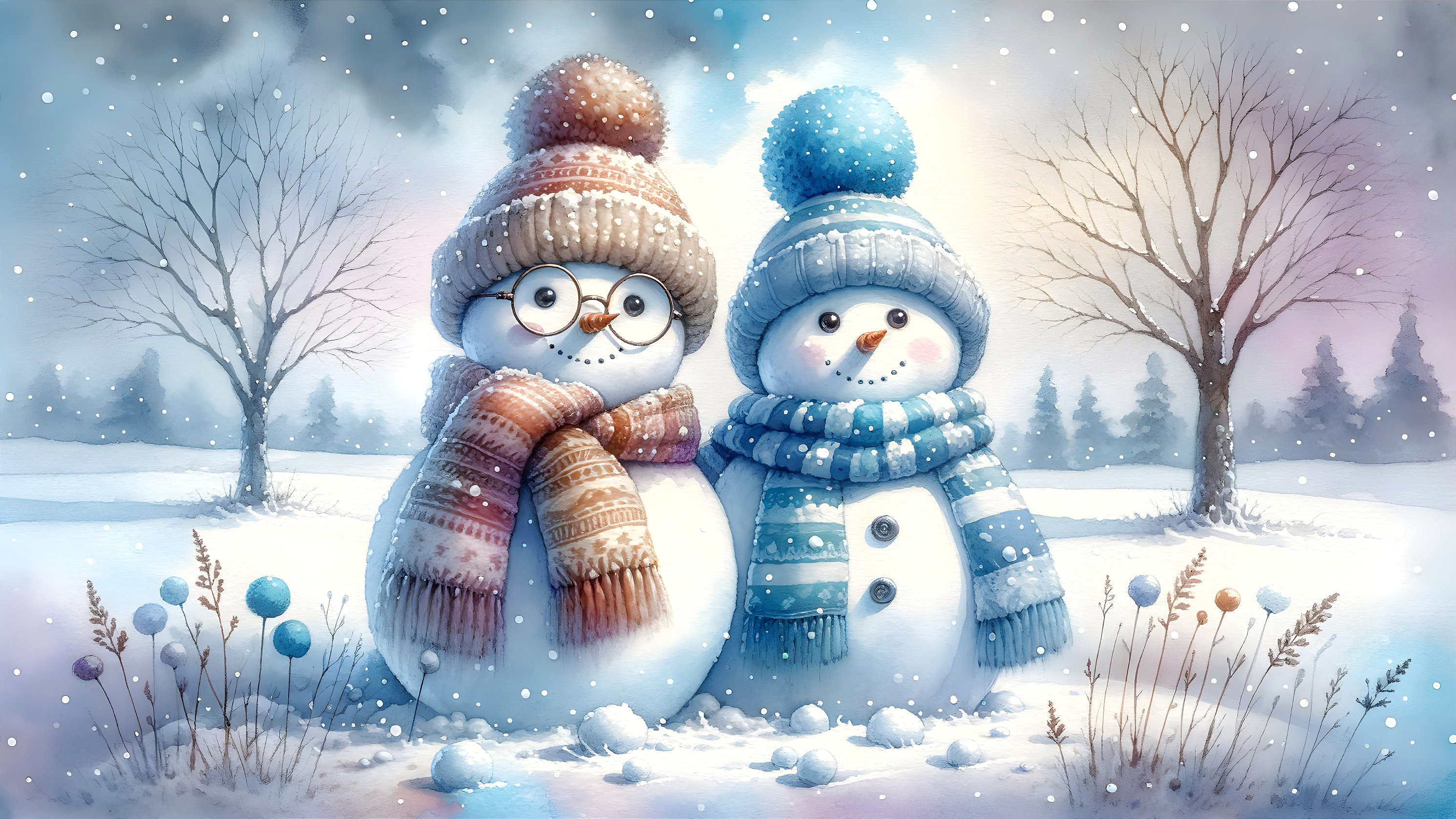 Cheerful Snowmen in a Serene Winter Landscape