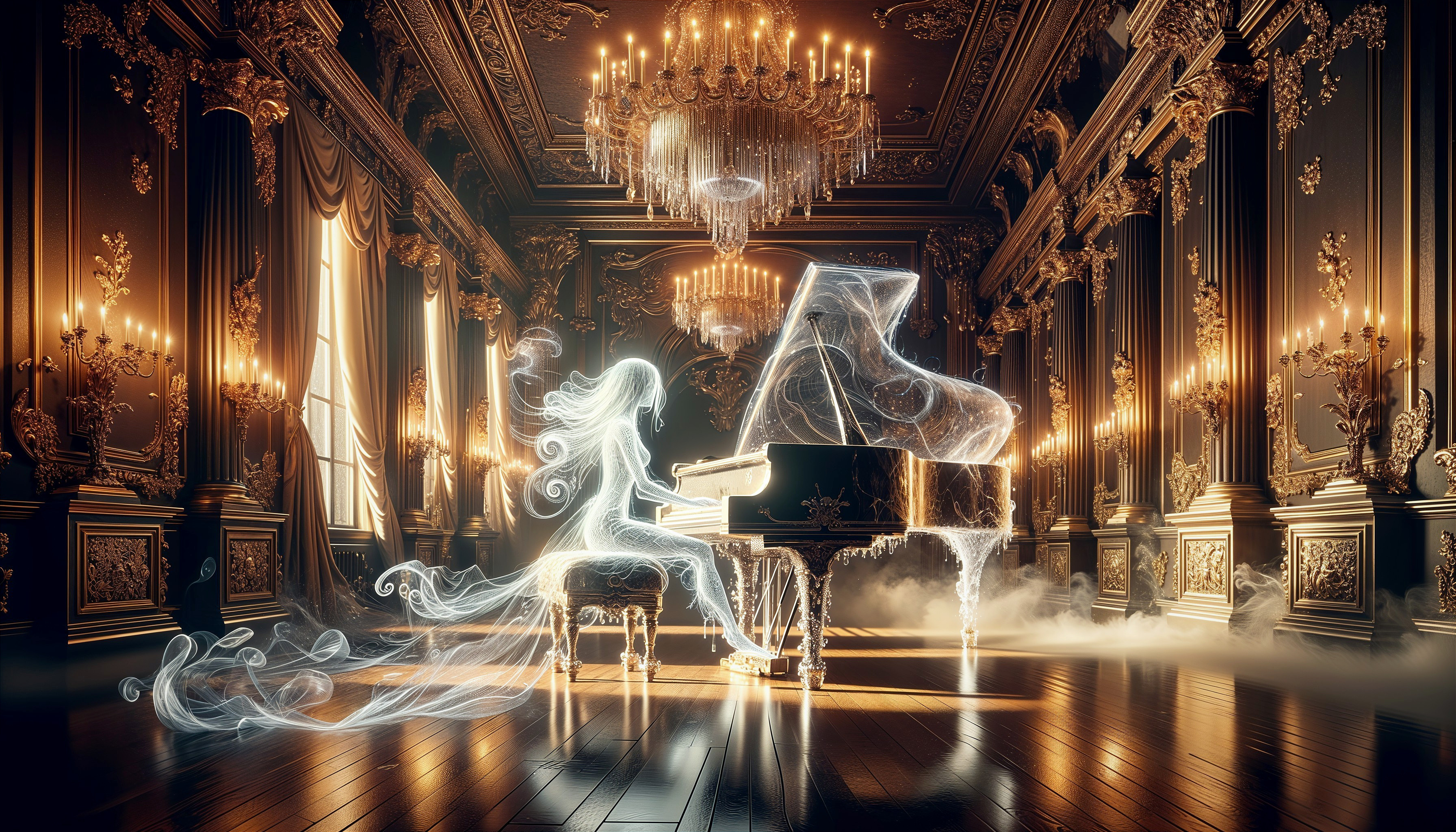 Ghostly Figure Playing Piano in Candlelit Room