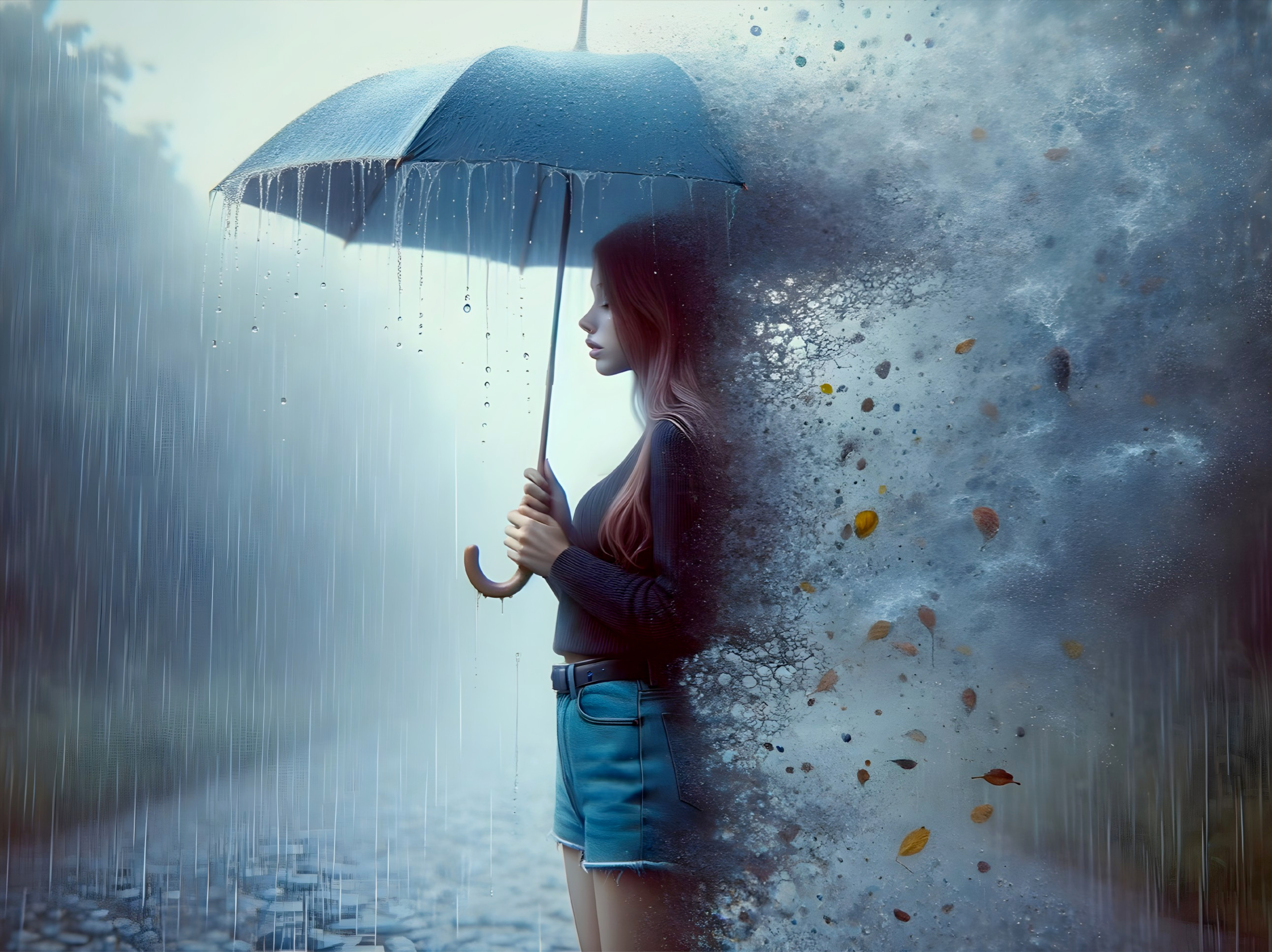 Woman with Umbrella in Rain and Autumn Leaves