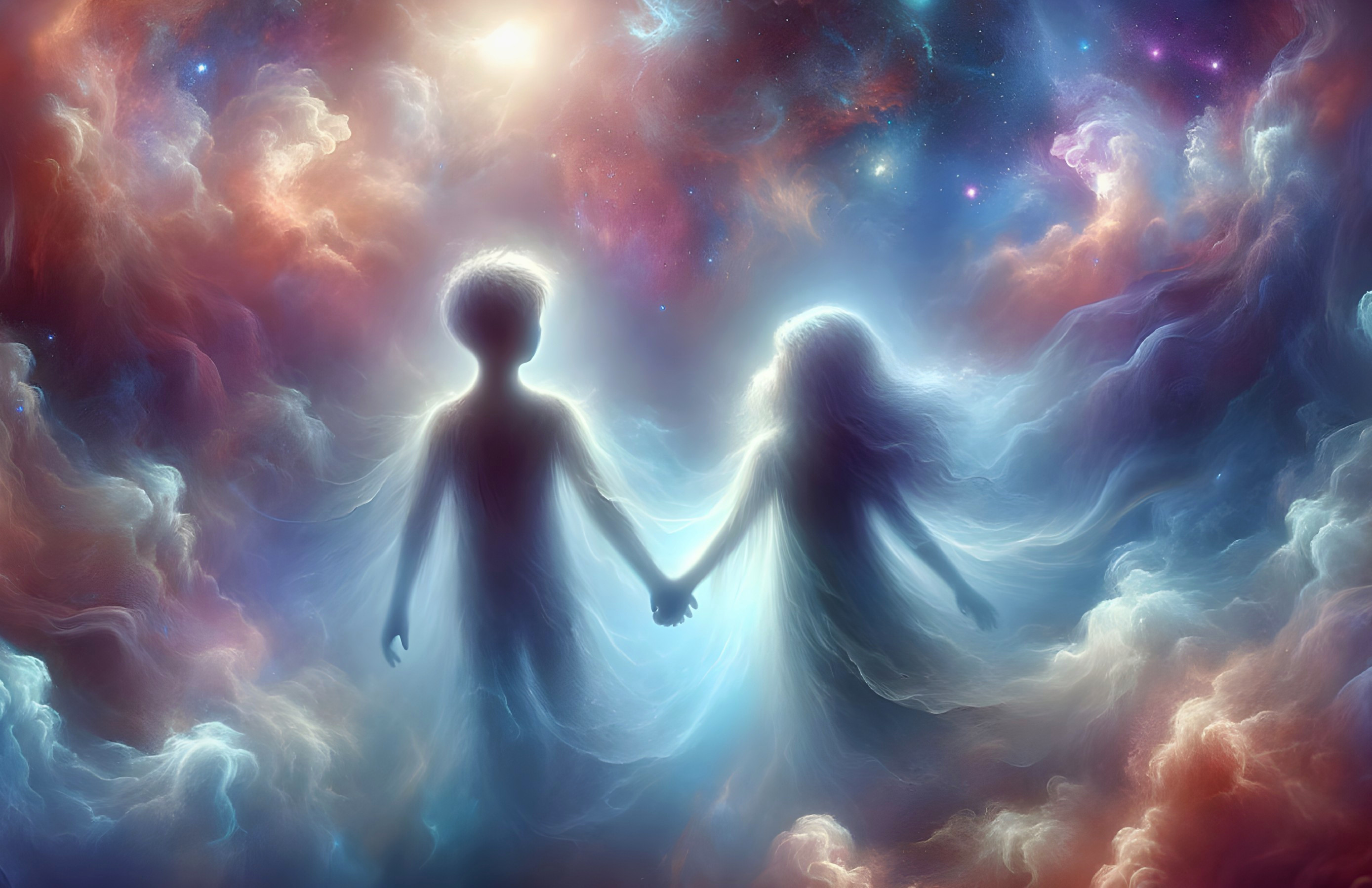 Ethereal Figures in a Cosmic Galaxy Scene